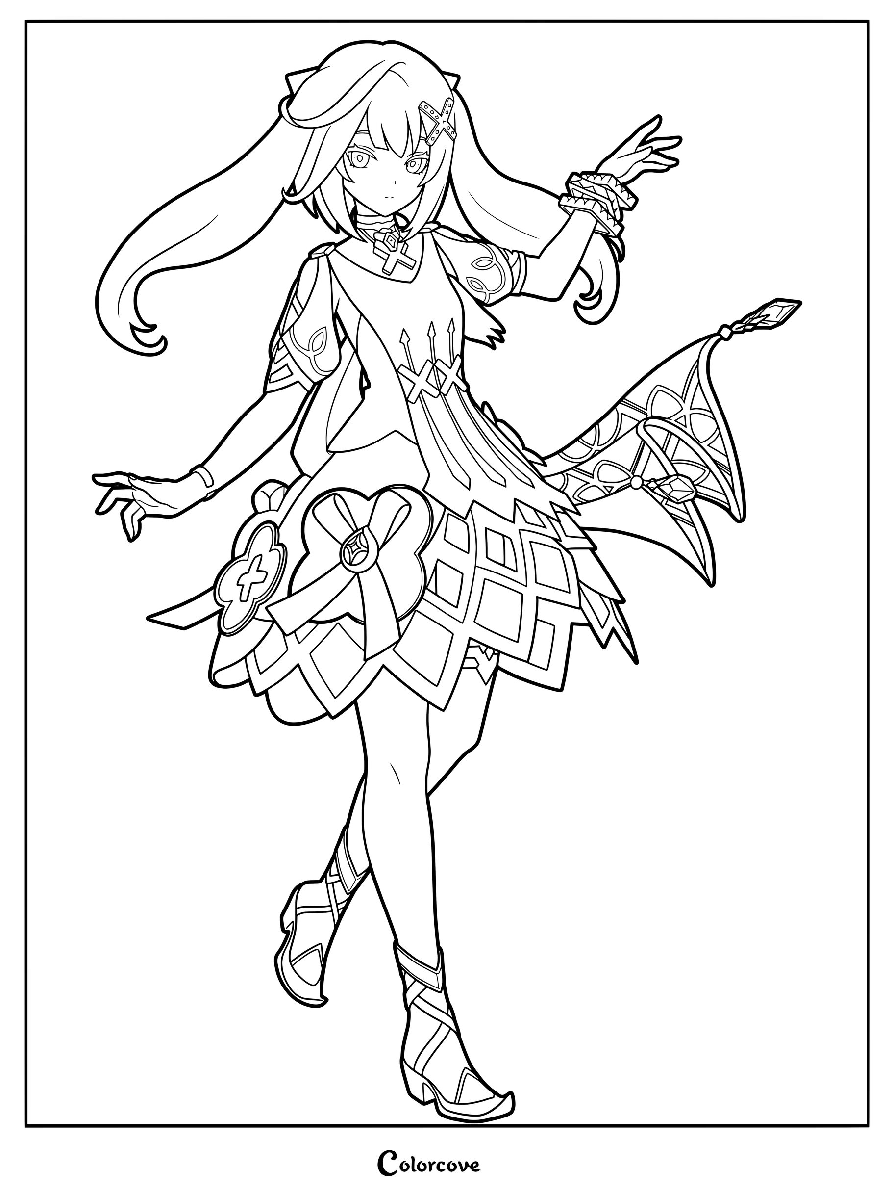 Faruzan coloring page from Genshin Impact featuring her detailed outfit and bows.