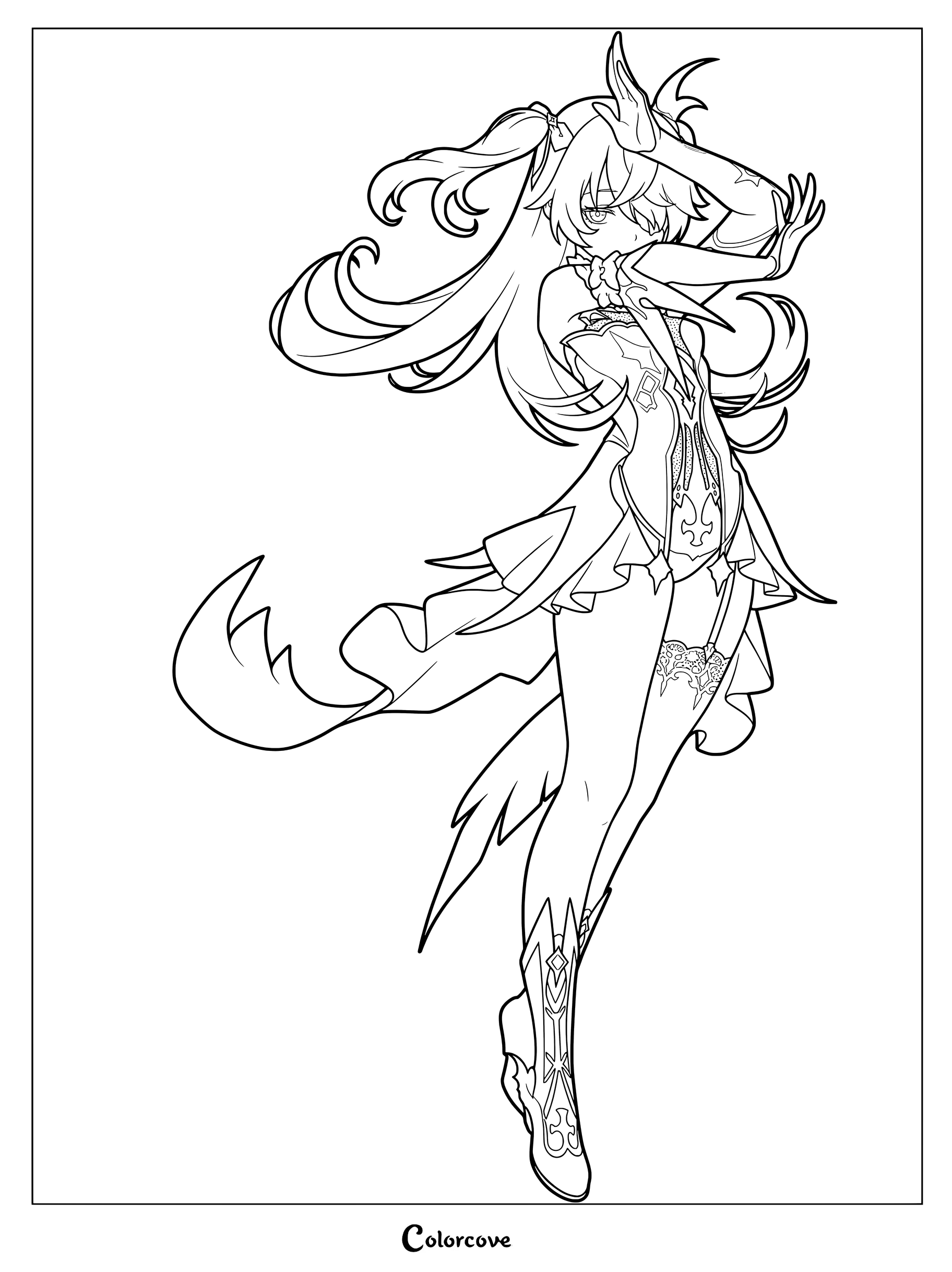 Fischl from Genshin Impact striking a dramatic pose in her signature outfit as a printable coloring page.