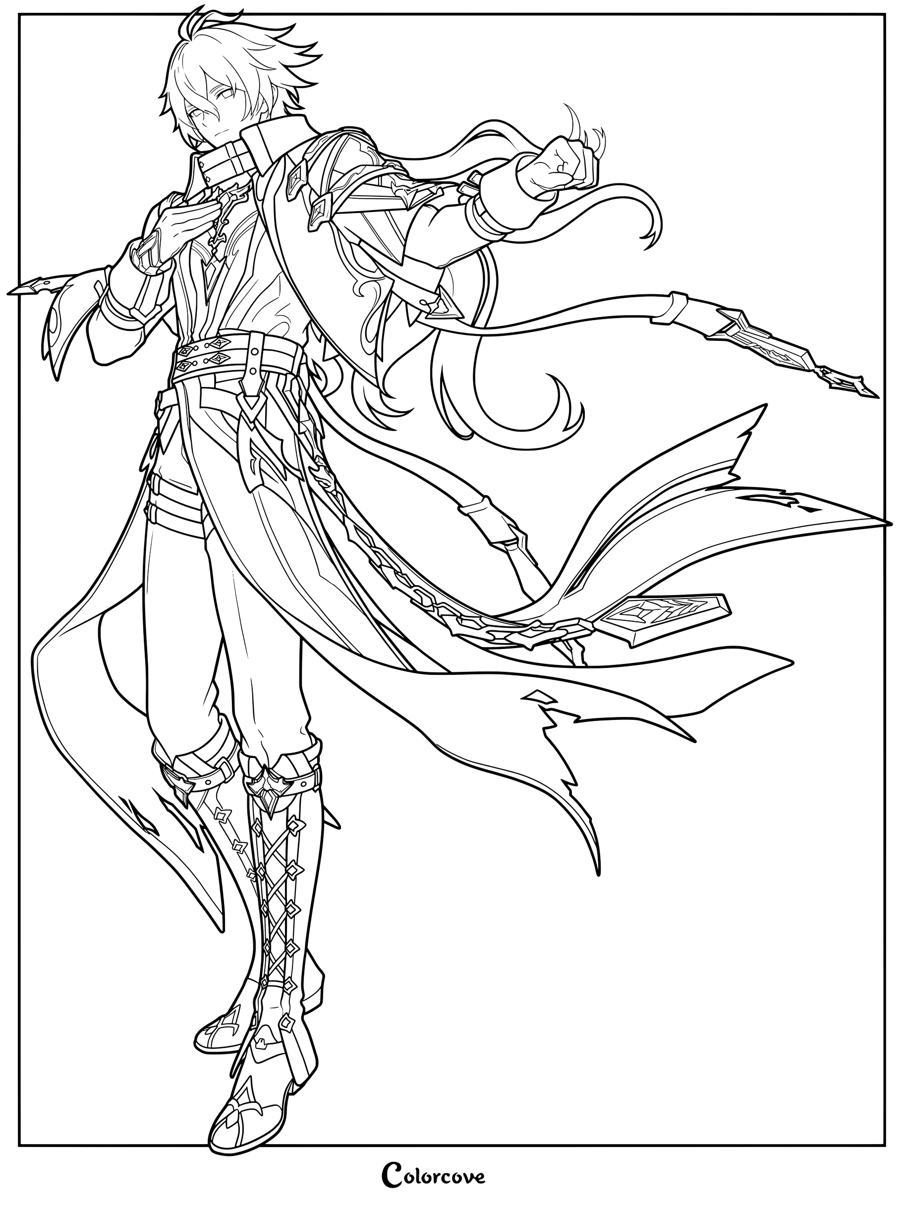 Flins coloring page featuring the Electro polearm user from Genshin Impact in a dynamic combat pose.