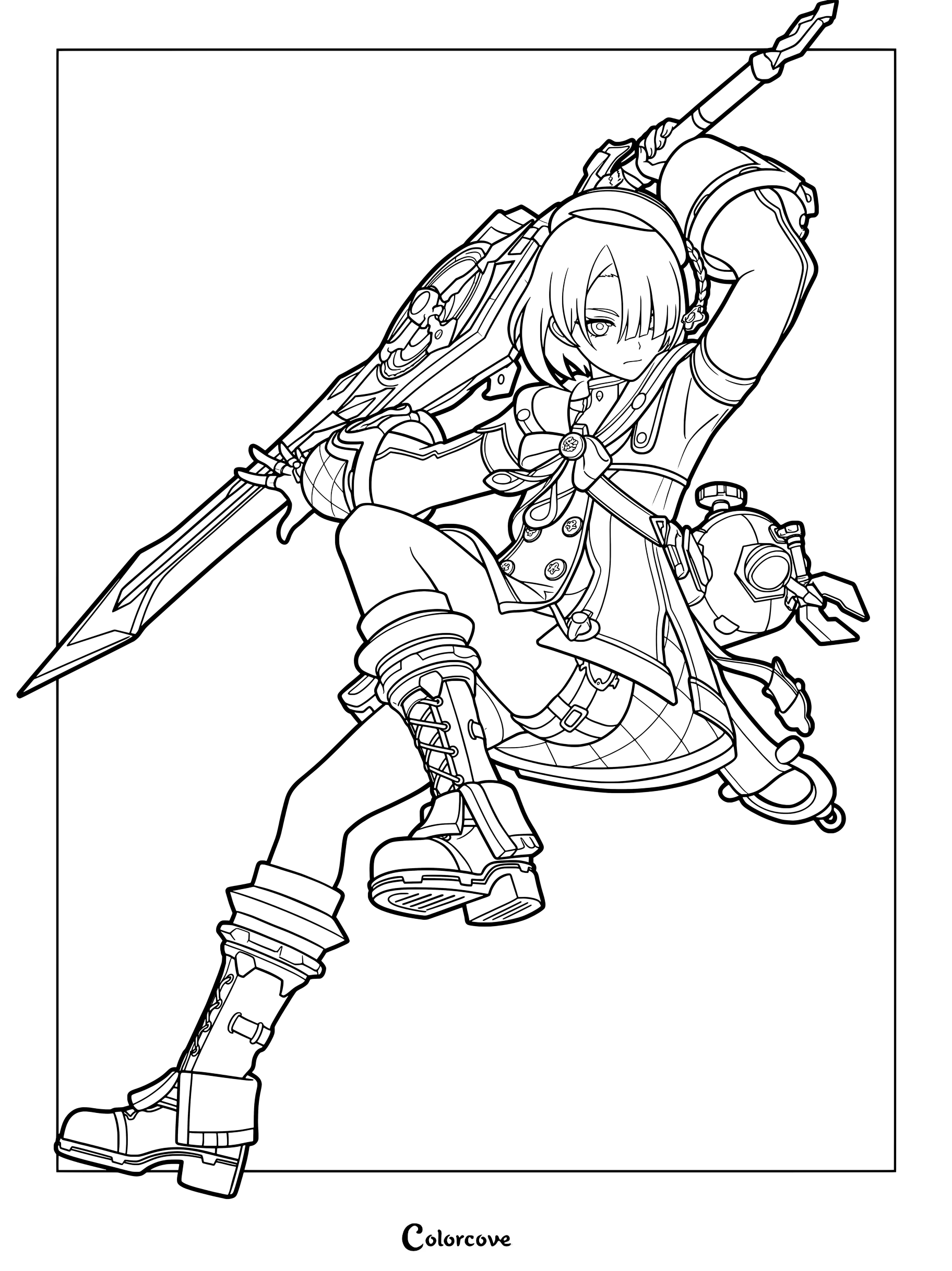 Freminet from Genshin Impact holding a heavy claymore in a dynamic action pose coloring page