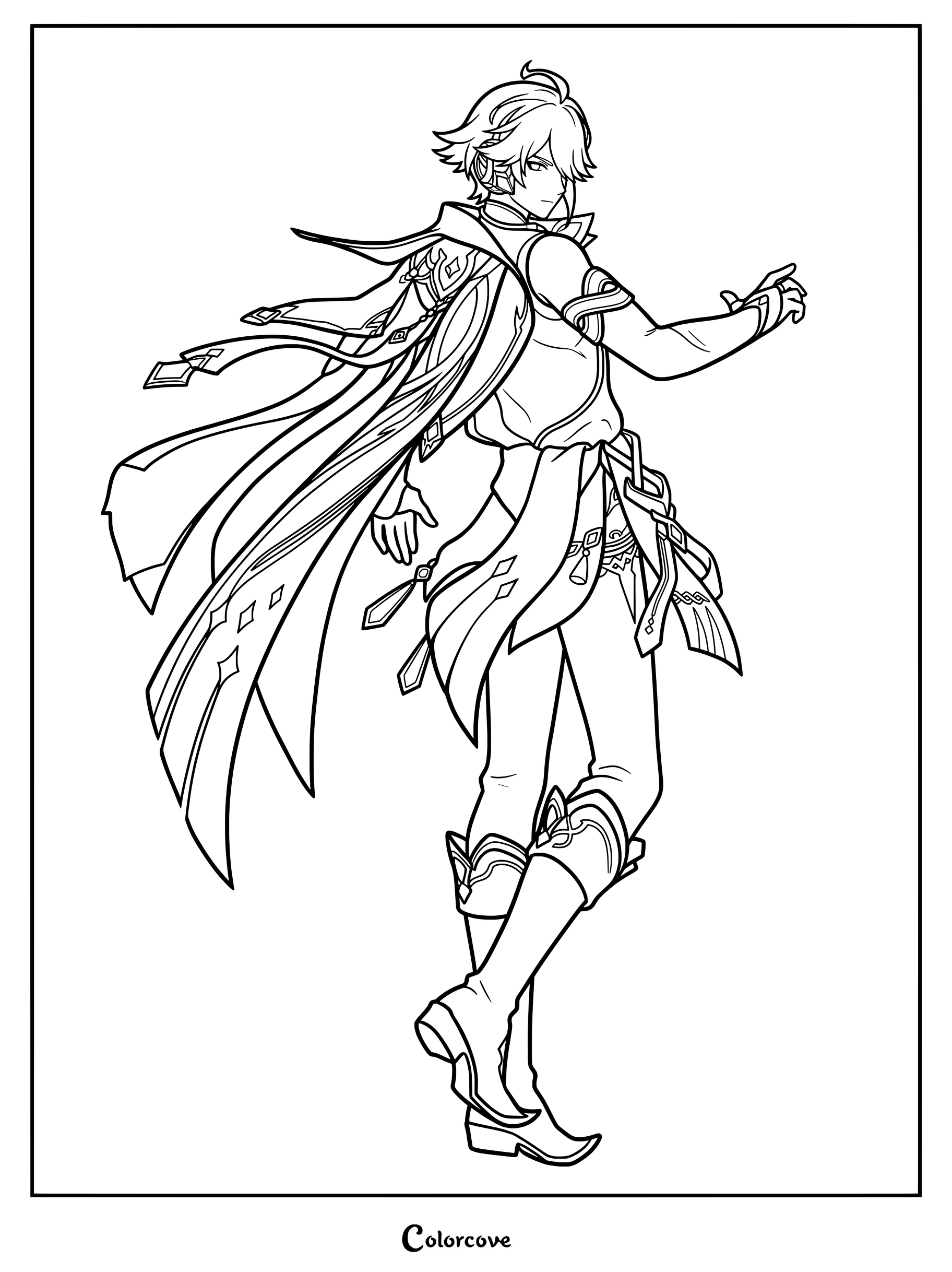 Alhaitham coloring page from Genshin Impact featuring detailed line art of the character turning with a flowing cape.