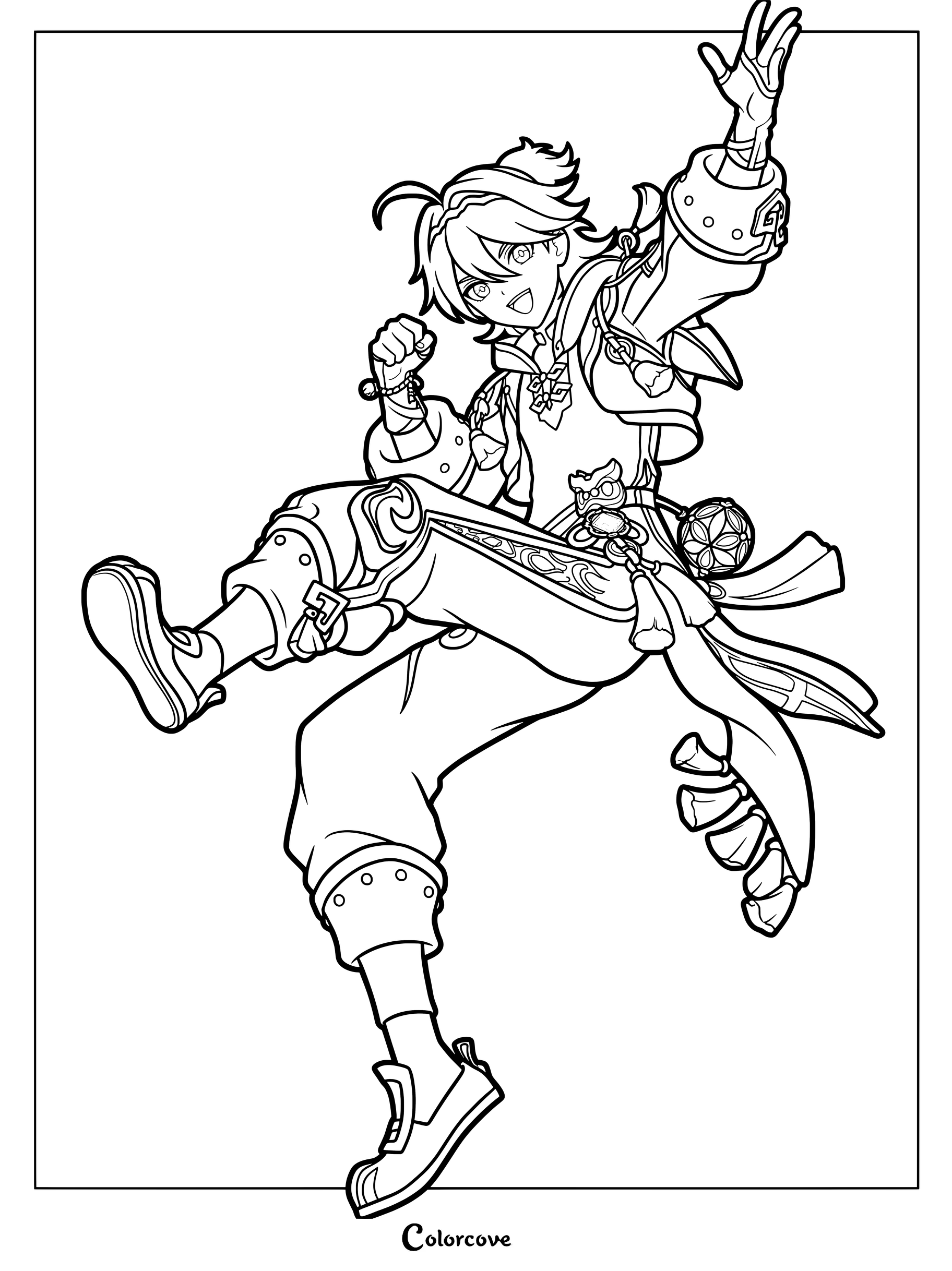 Genshin Impact Gaming coloring page featuring a dynamic jumping pose.