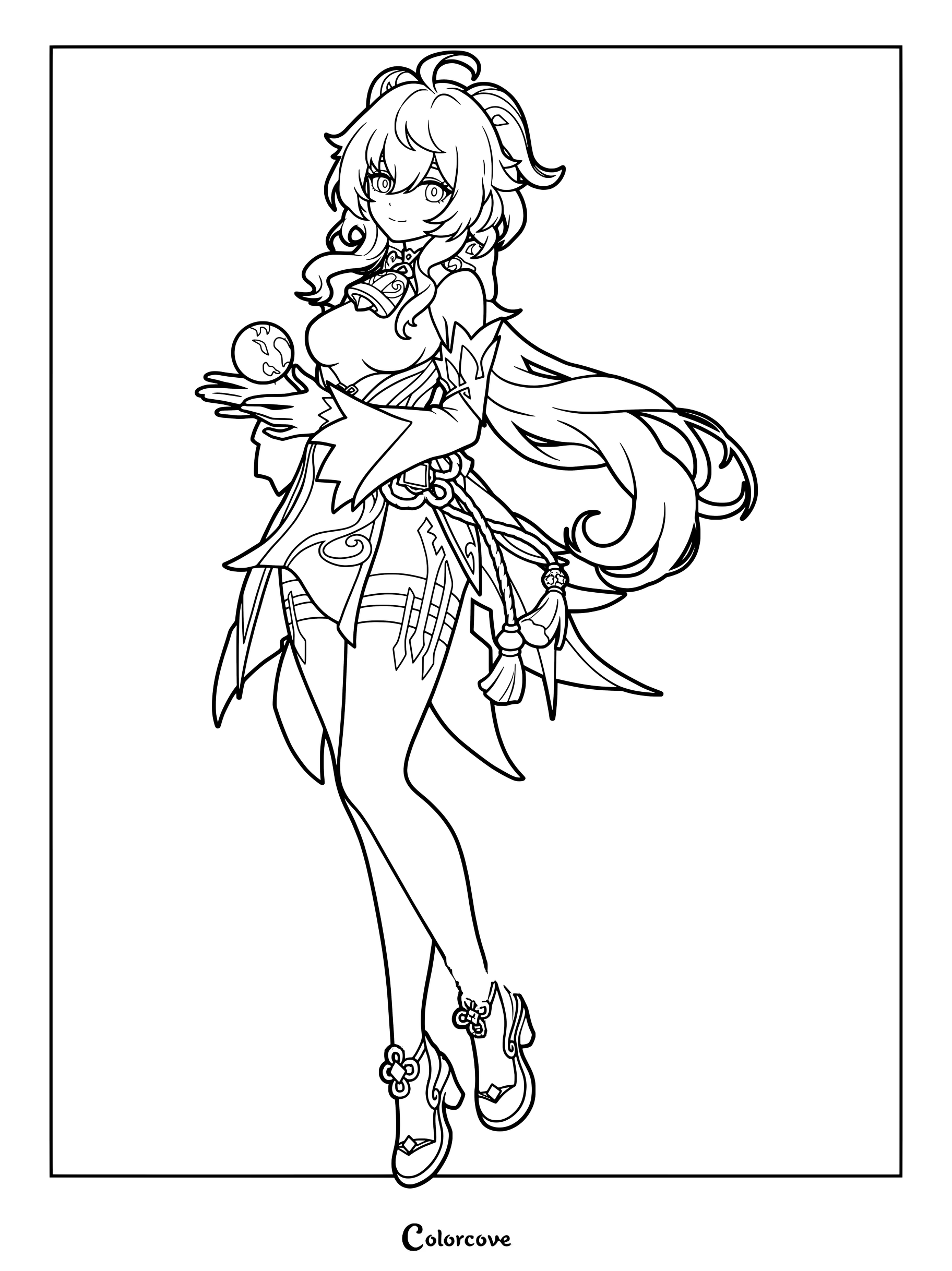 Ganyu coloring page from Genshin Impact holding a small sphere in her hand.