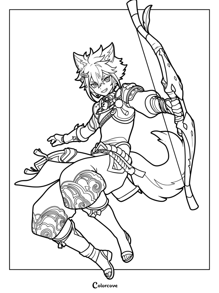 Gorou holding a bow in an action pose from Genshin Impact coloring page.