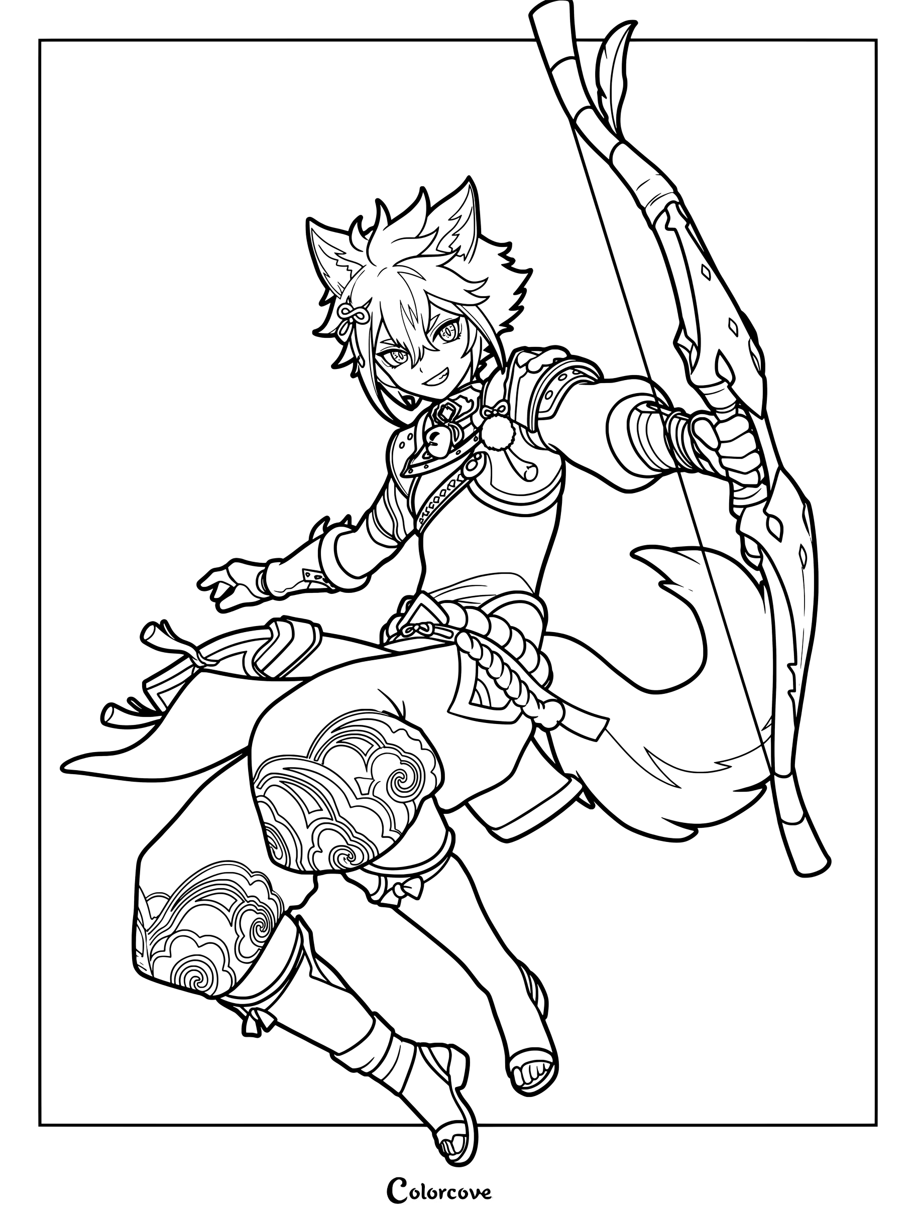 Gorou holding a bow in an action pose from Genshin Impact coloring page.