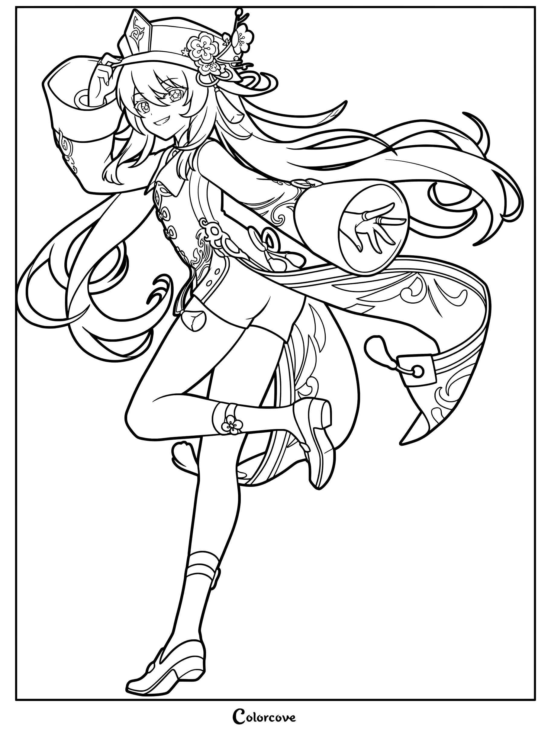 Hu Tao coloring page featuring the mischievous character from Genshin Impact in a dynamic pose.