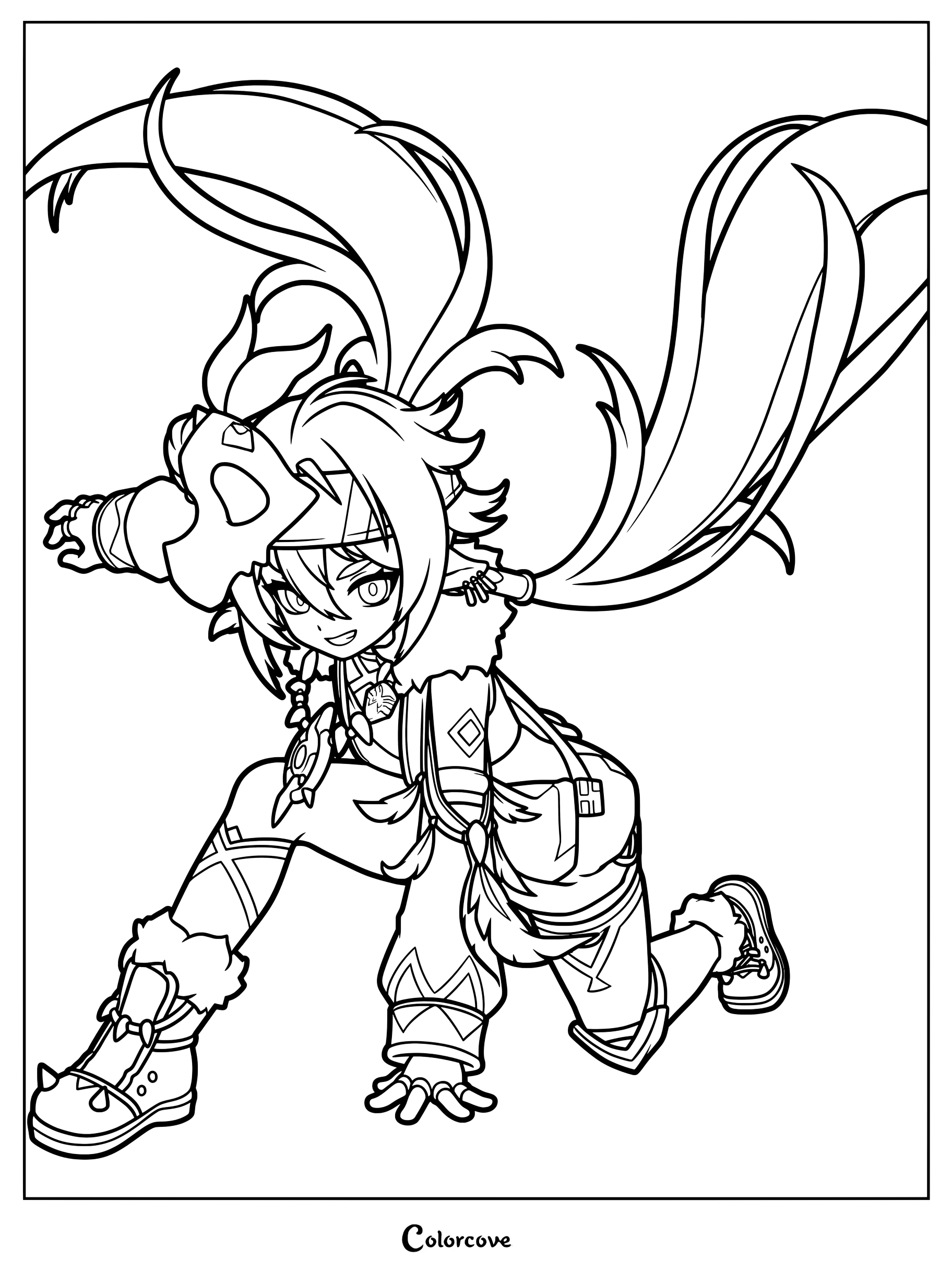 Printable coloring page of Iansan from Genshin Impact in a dynamic combat pose.