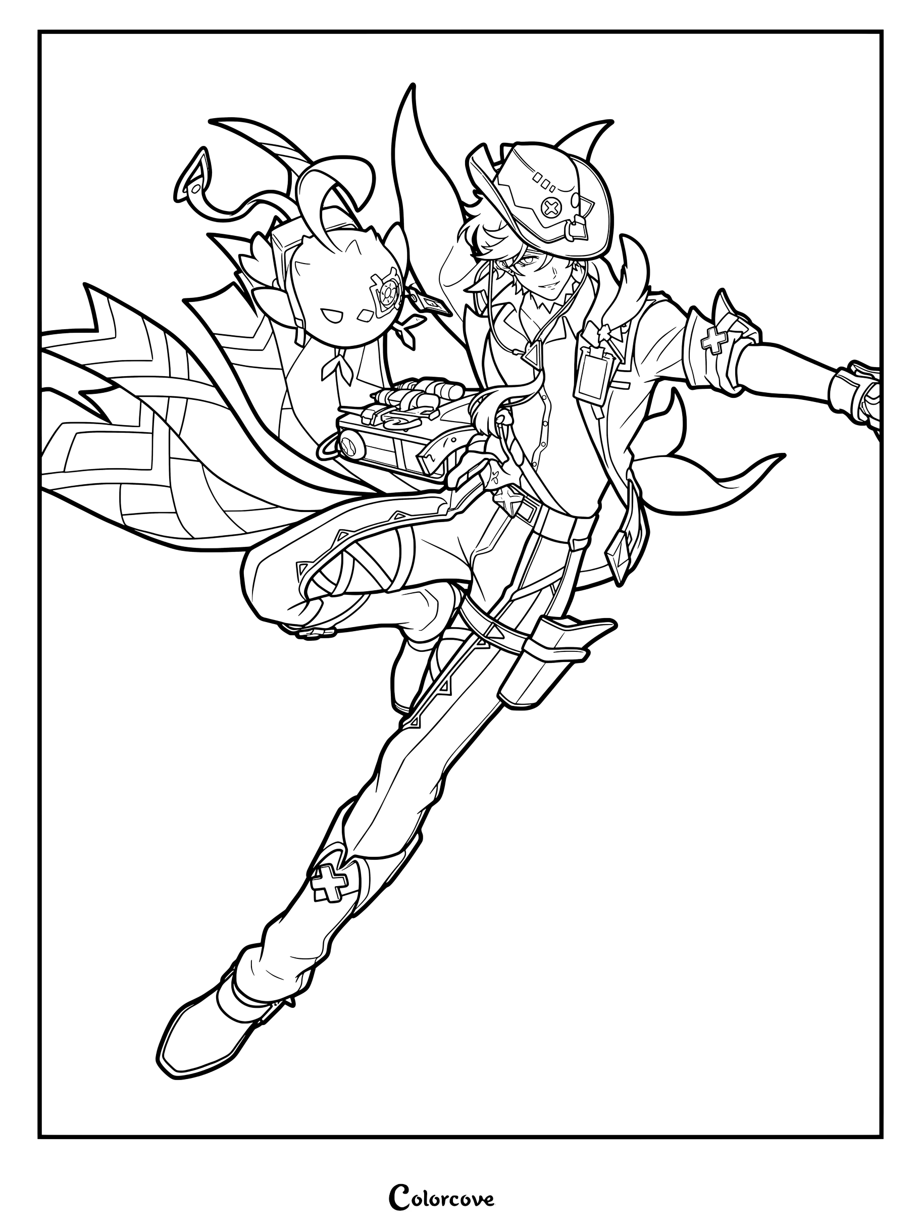 Ifa coloring page from Genshin Impact featuring the character in dynamic action pose.
