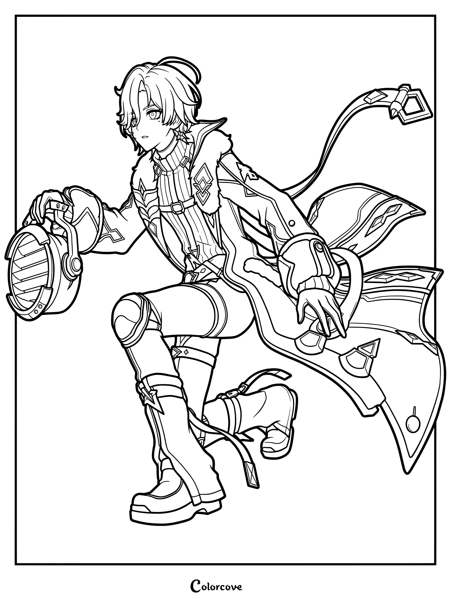 Illuga from Genshin Impact holding a polearm in a dynamic pose for a coloring page.