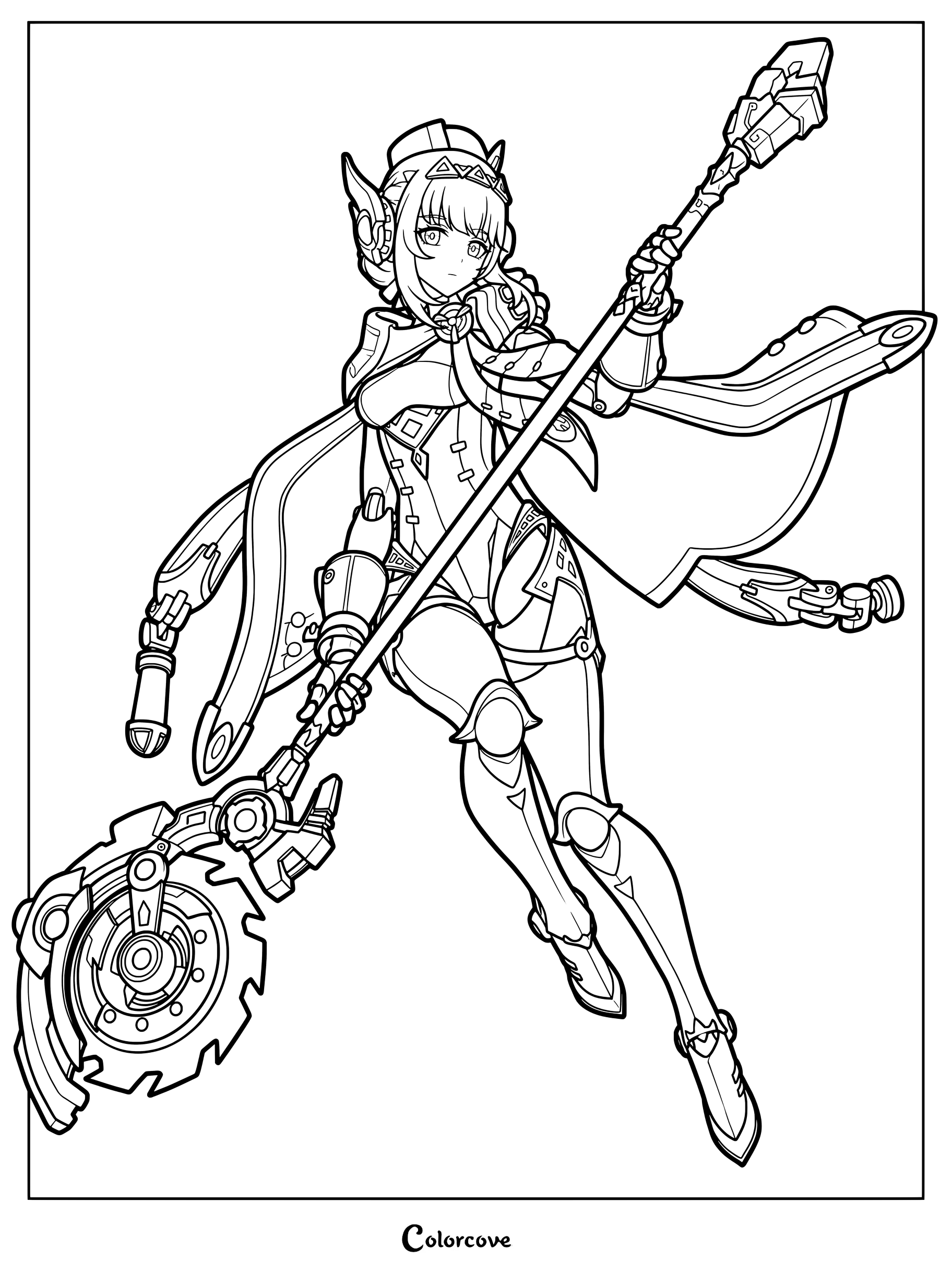 Ineffa wielding a polearm weapon from Genshin Impact in a printable line art coloring page.