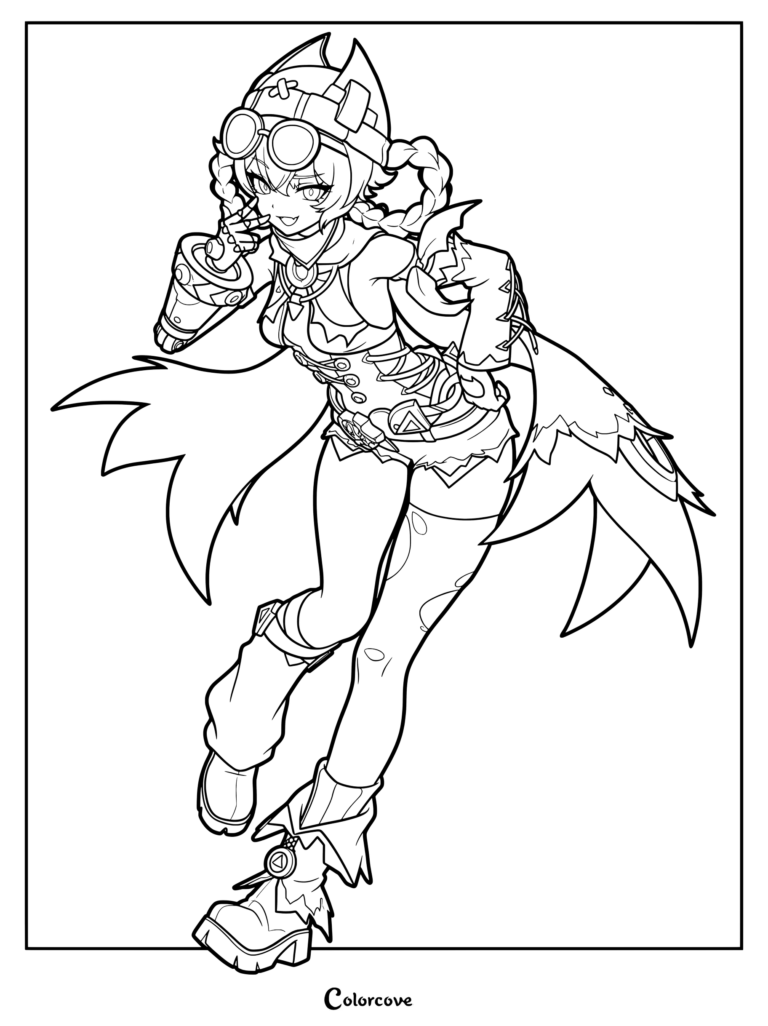 Jahoda from Genshin Impact wearing goggles and braided hair in a dynamic pose coloring page