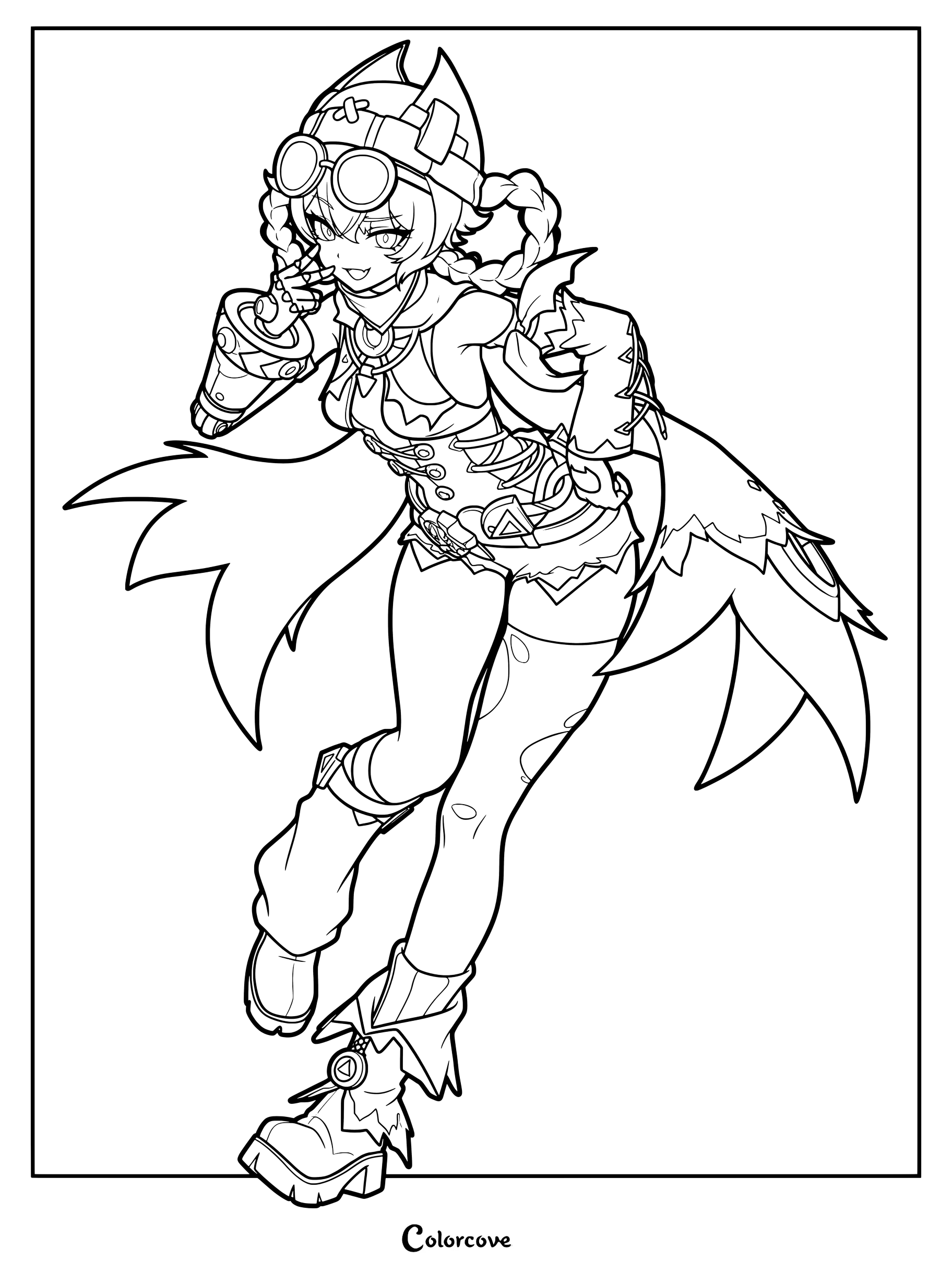 Jahoda from Genshin Impact wearing goggles and braided hair in a dynamic pose coloring page