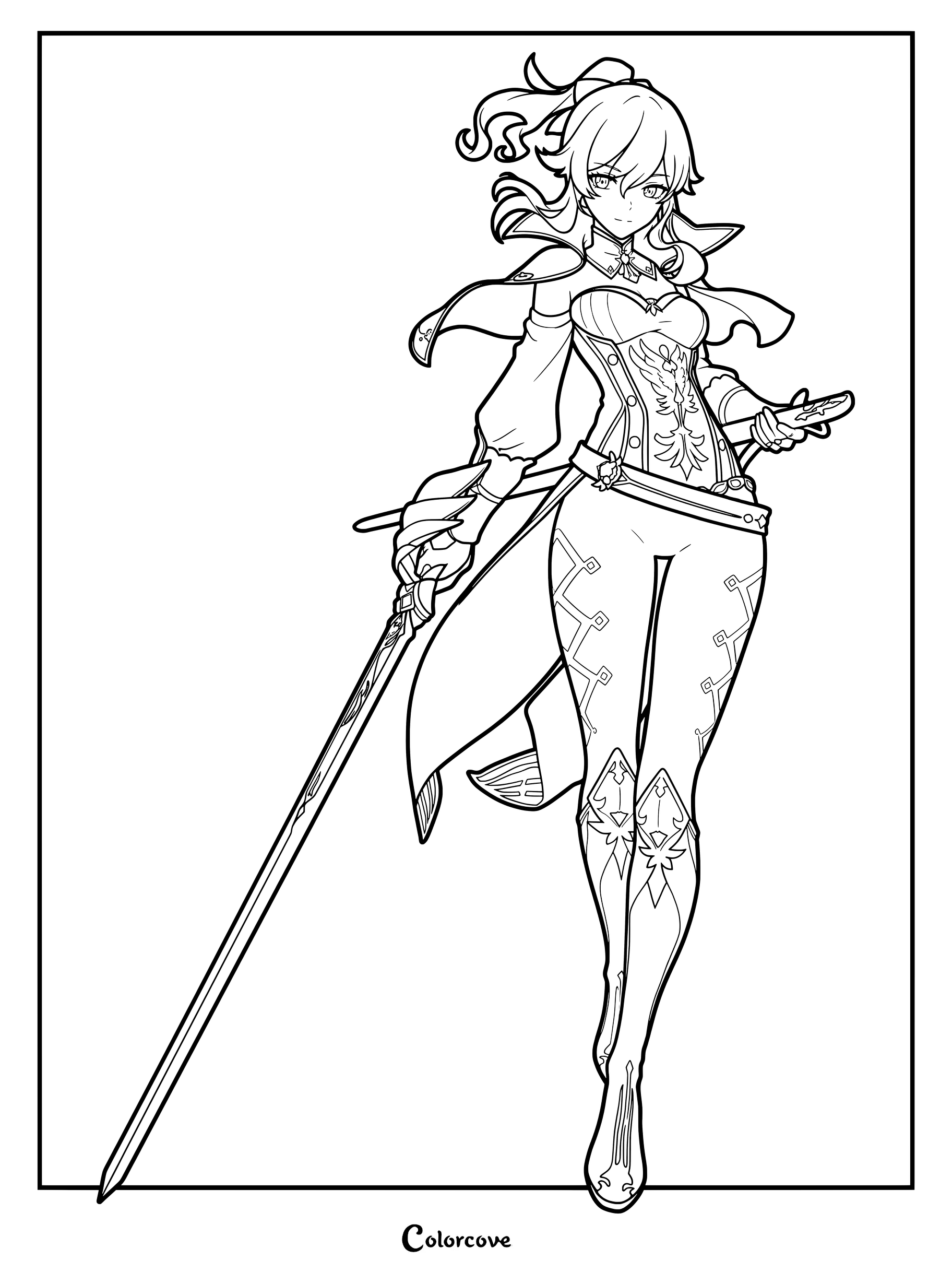 Jean holding a sword in a dynamic combat pose as a Genshin Impact coloring page