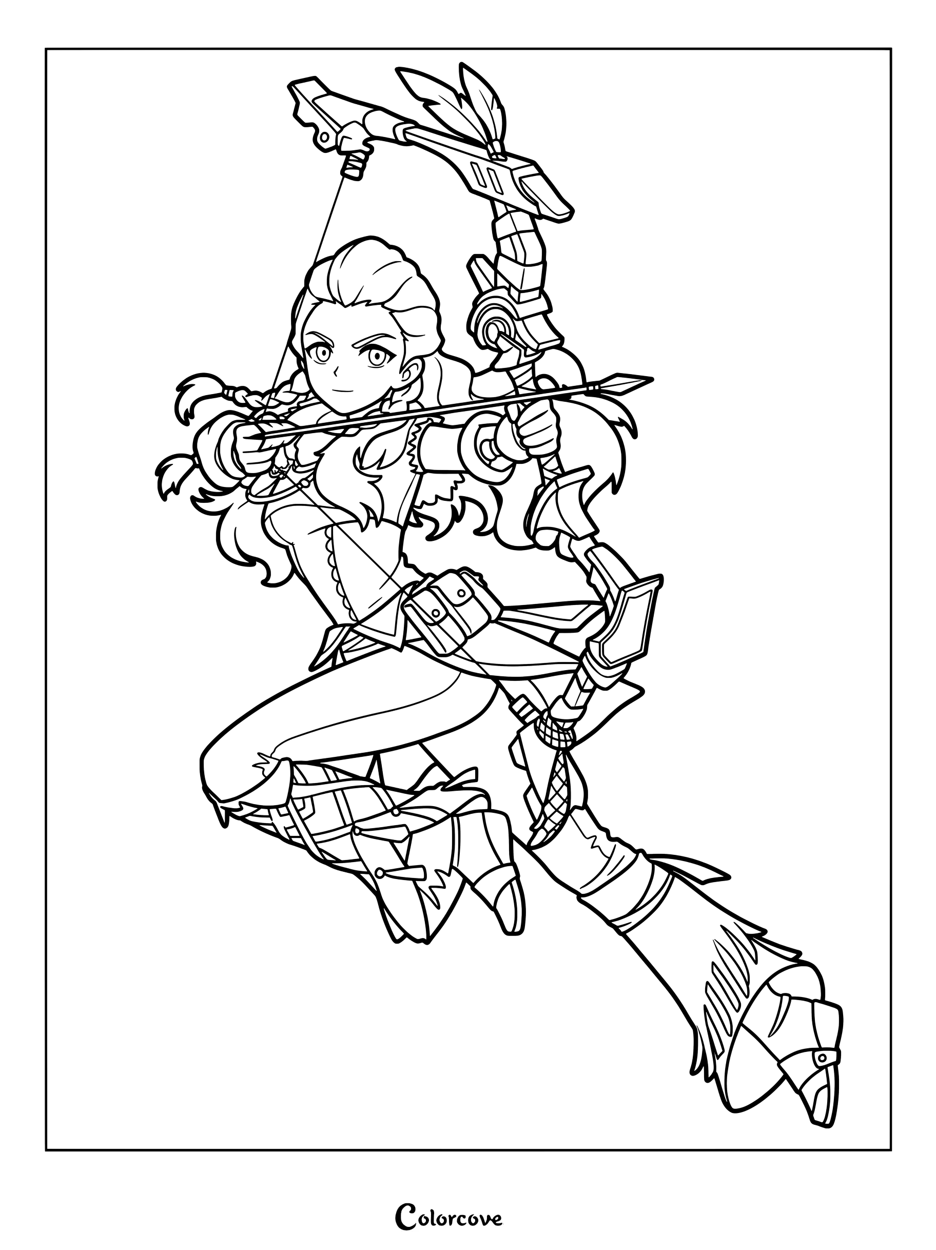 Aloy coloring page from Genshin Impact featuring the archer aiming her bow in mid-air.