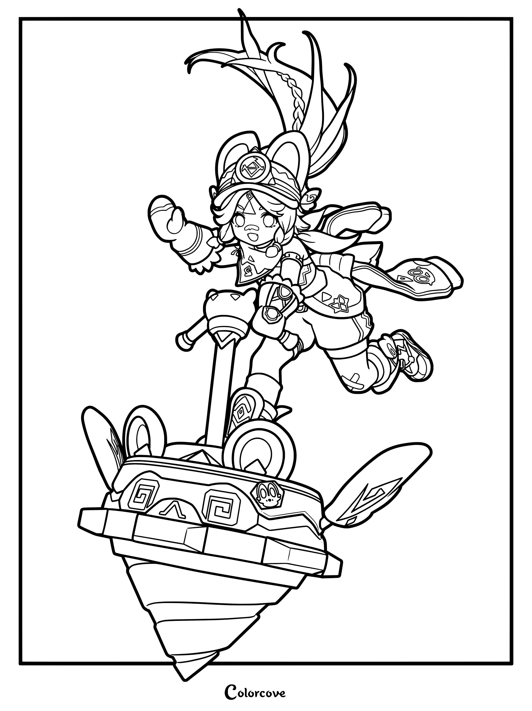 Kachina from Genshin Impact riding her Turbo Twirler in a detailed line art coloring page.