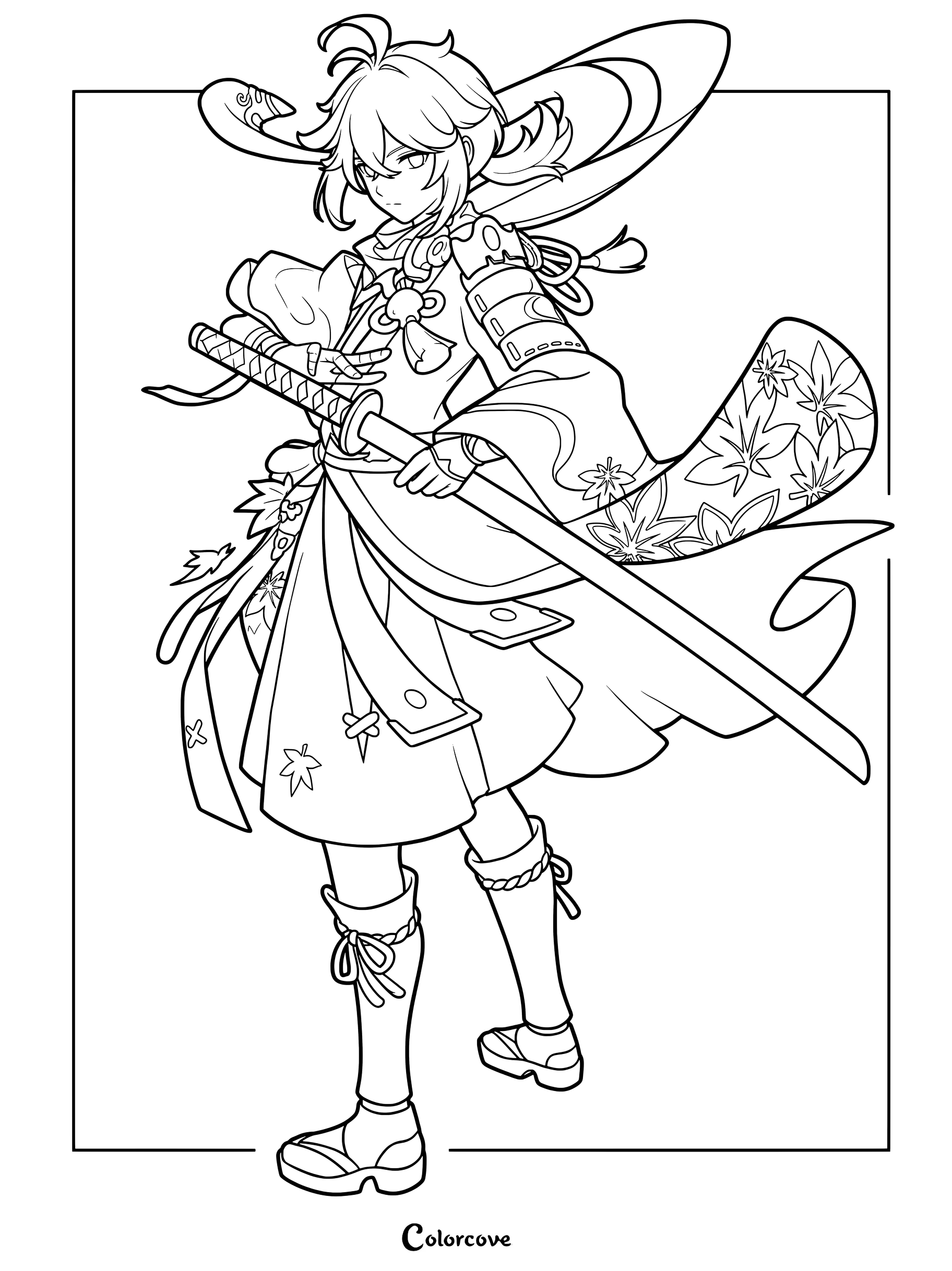 Kaedehara Kazuha holding a sword ready for battle in a detailed line art coloring page from Genshin Impact.