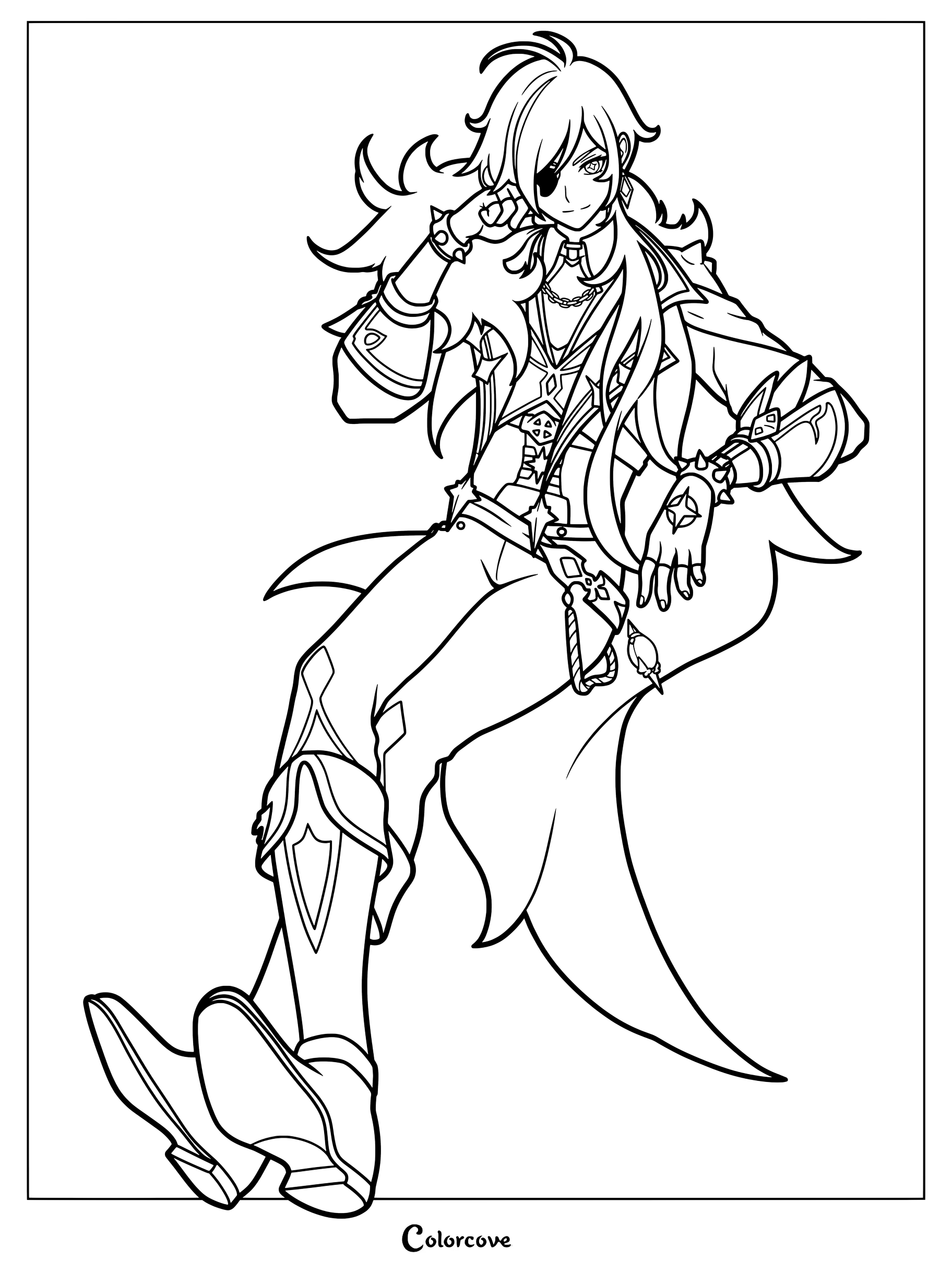 Kaeya Alberich coloring page from Genshin Impact featuring the character in a stylish seated pose.