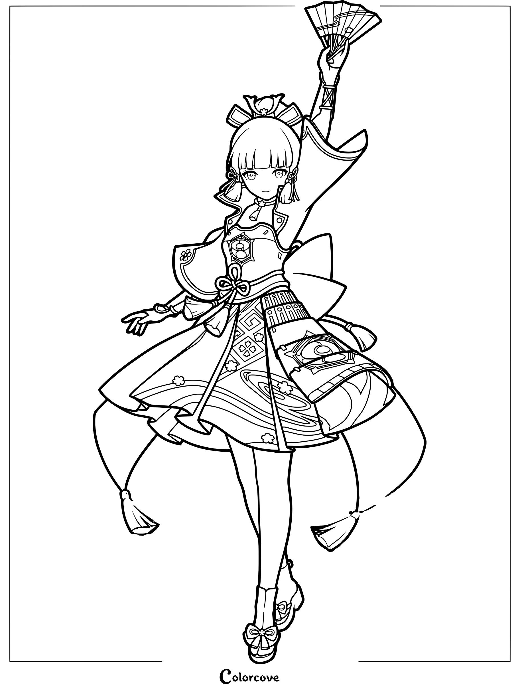 Kamisato Ayaka holding a folded fan aloft in this Genshin Impact coloring page.