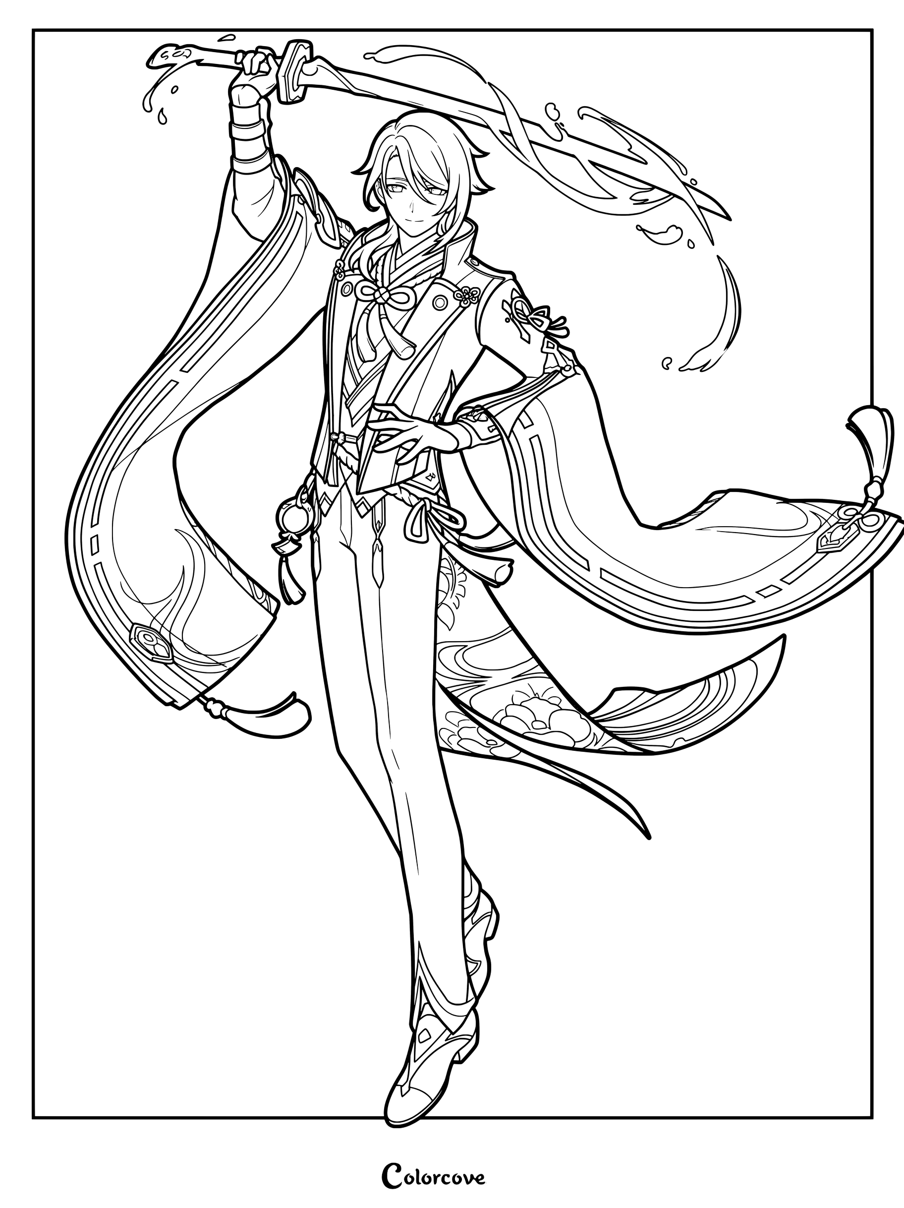 Kamisato Ayato holding a sword with flowing water effects in a detailed printable coloring page from Genshin Impact