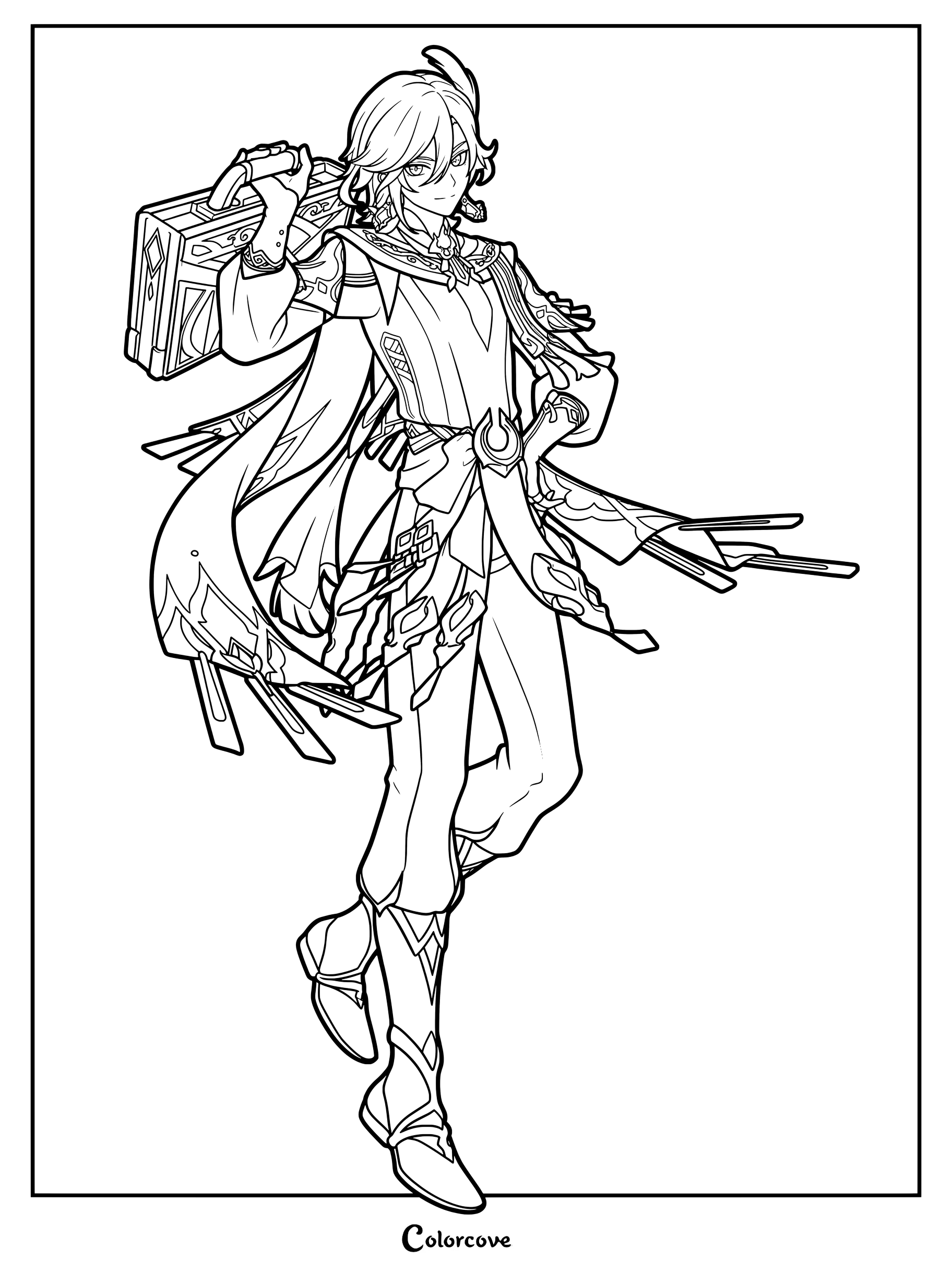 Kaveh from Genshin Impact holding his architectural case in a line art coloring page.
