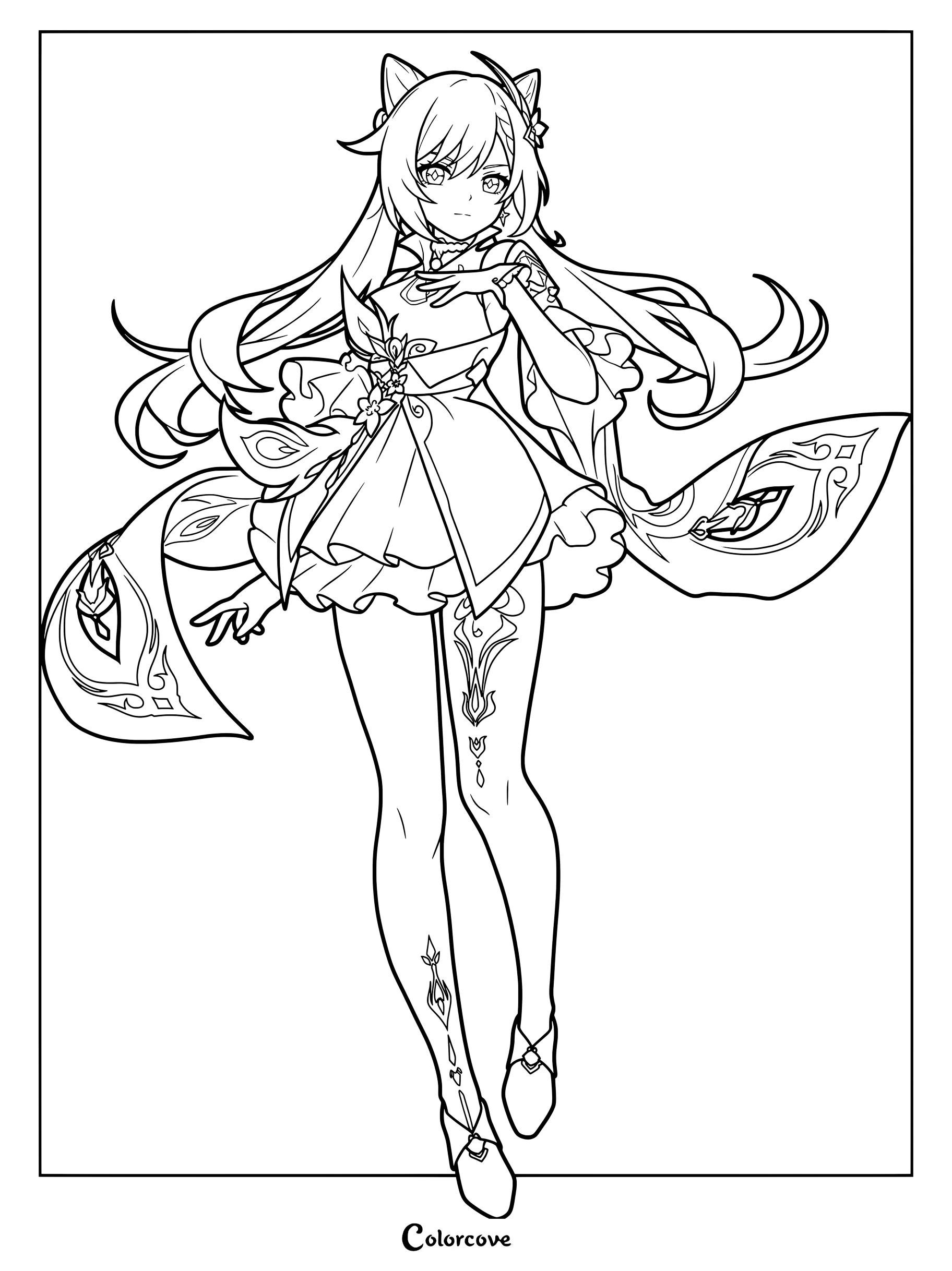 Keqing coloring page from Genshin Impact featuring detailed long hair and intricate outfit.