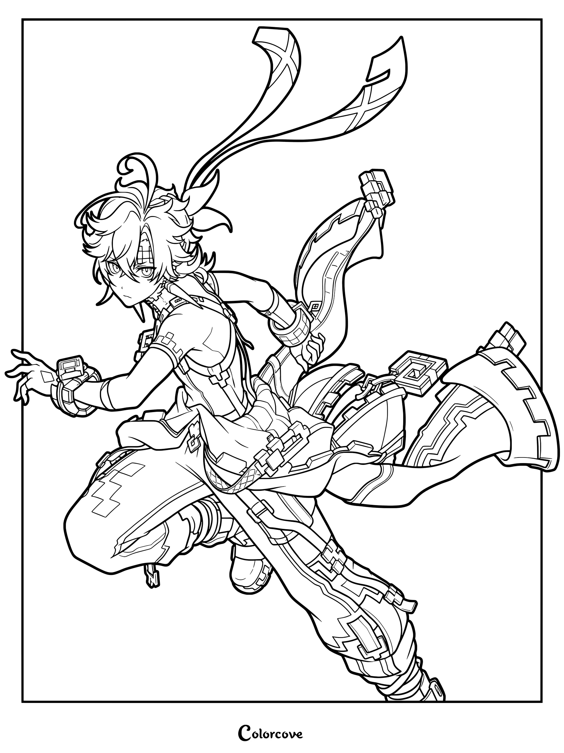 Kinich from Genshin Impact in a dynamic action pose coloring page.