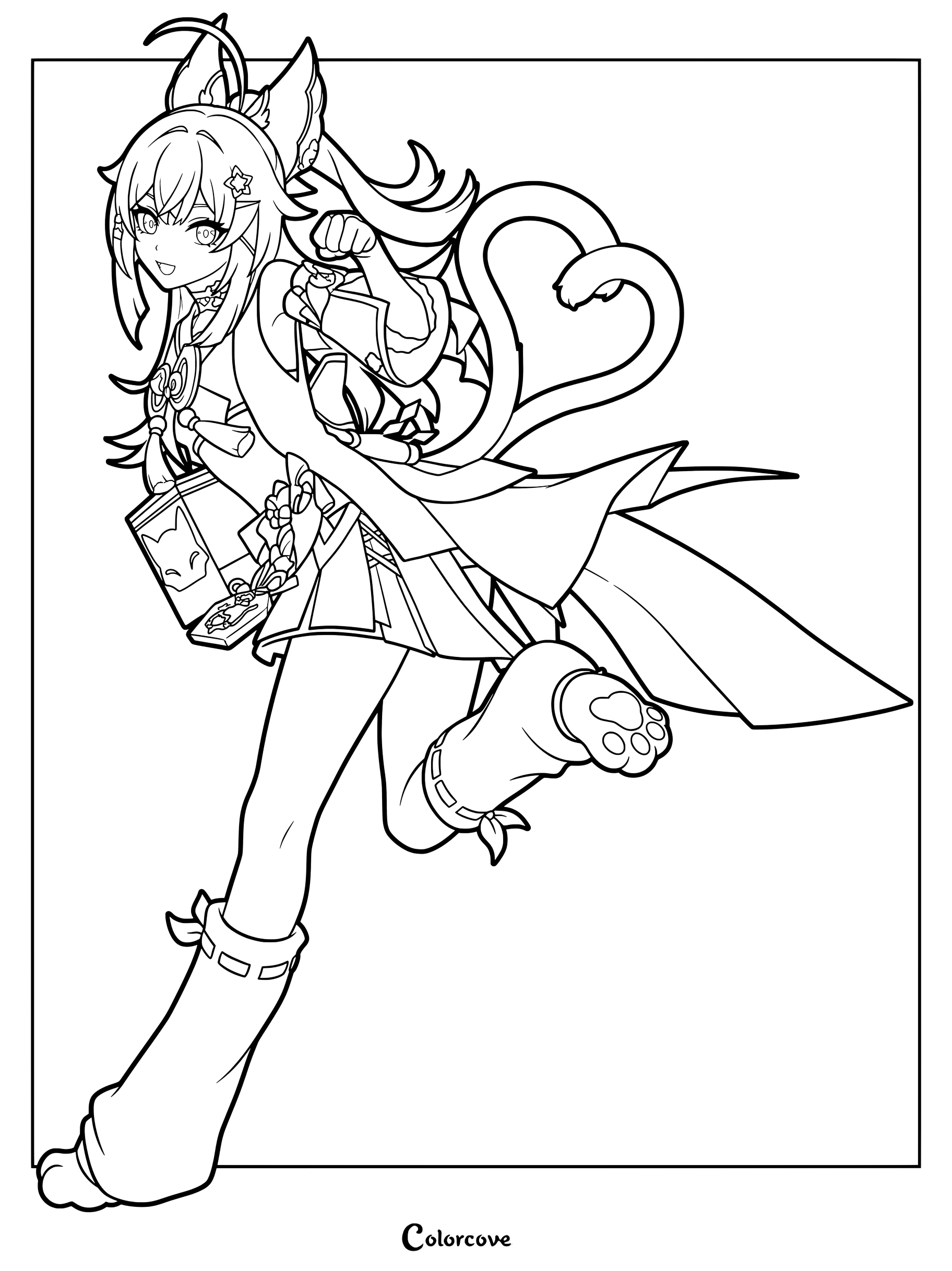 Kirara running with a delivery box in a Genshin Impact coloring page.