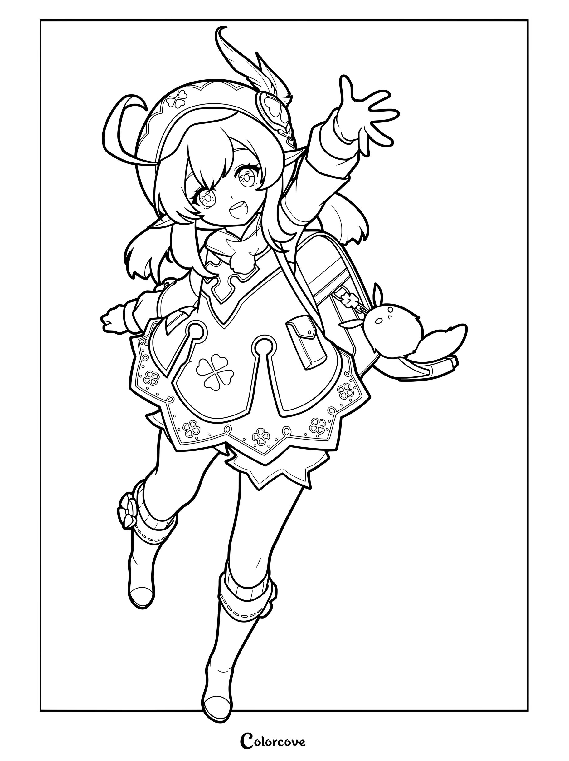 Klee coloring page from Genshin Impact showing her reaching out with a backpack and doll.