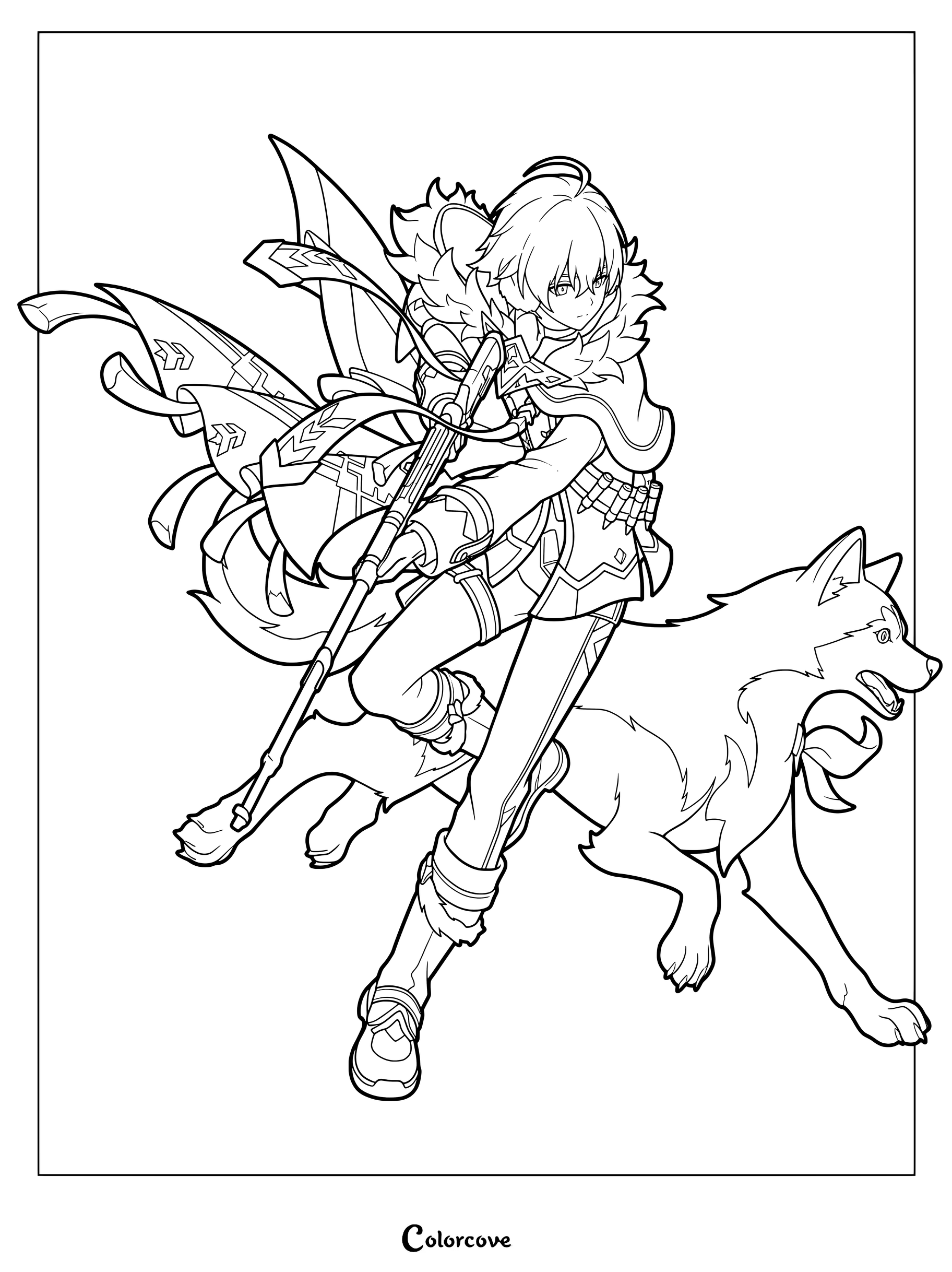 Alyosha holding a polearm while riding a wolf in a Genshin Impact coloring page.