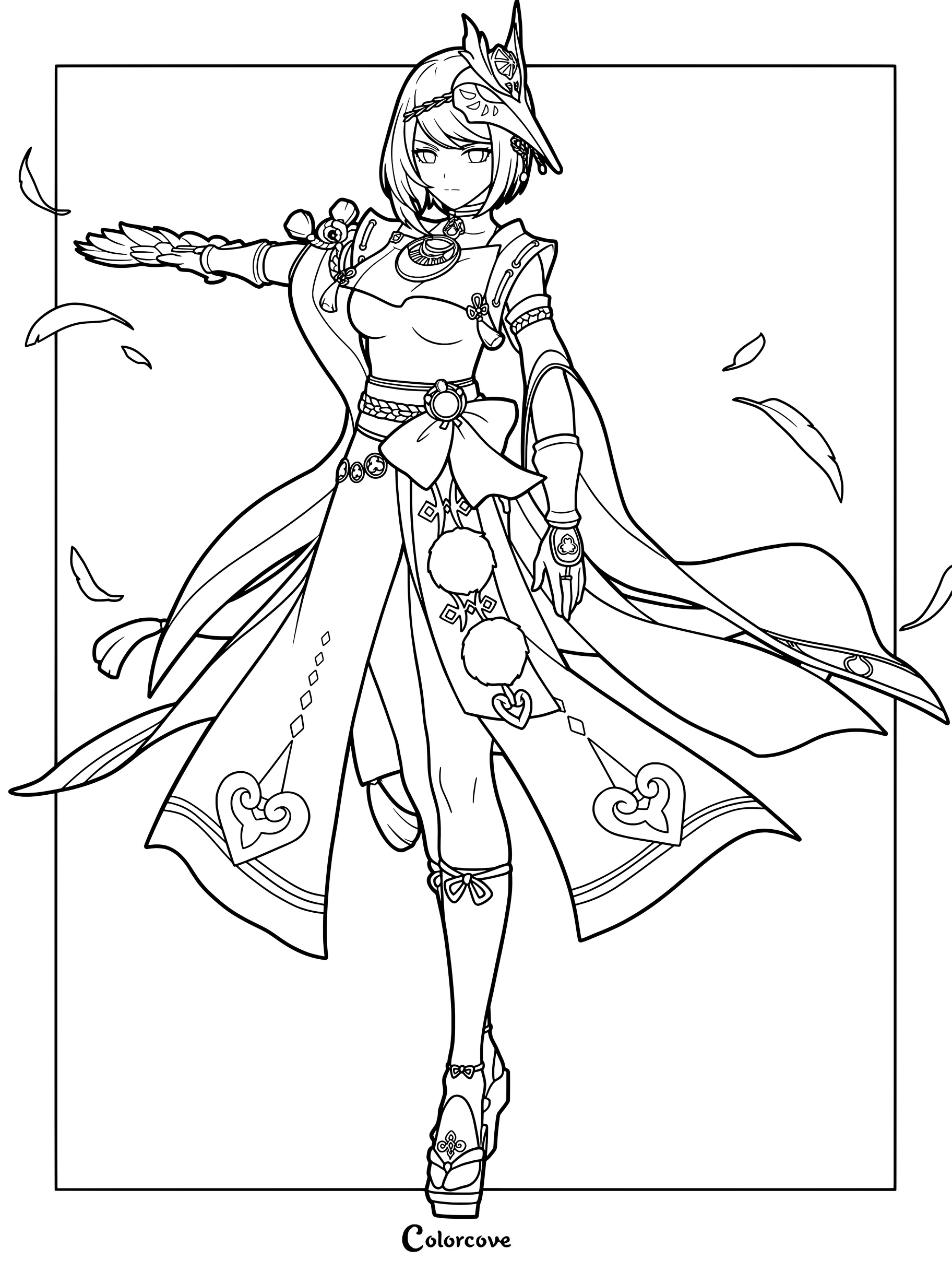 Kujou Sara from Genshin Impact shown in a detailed line art coloring page.