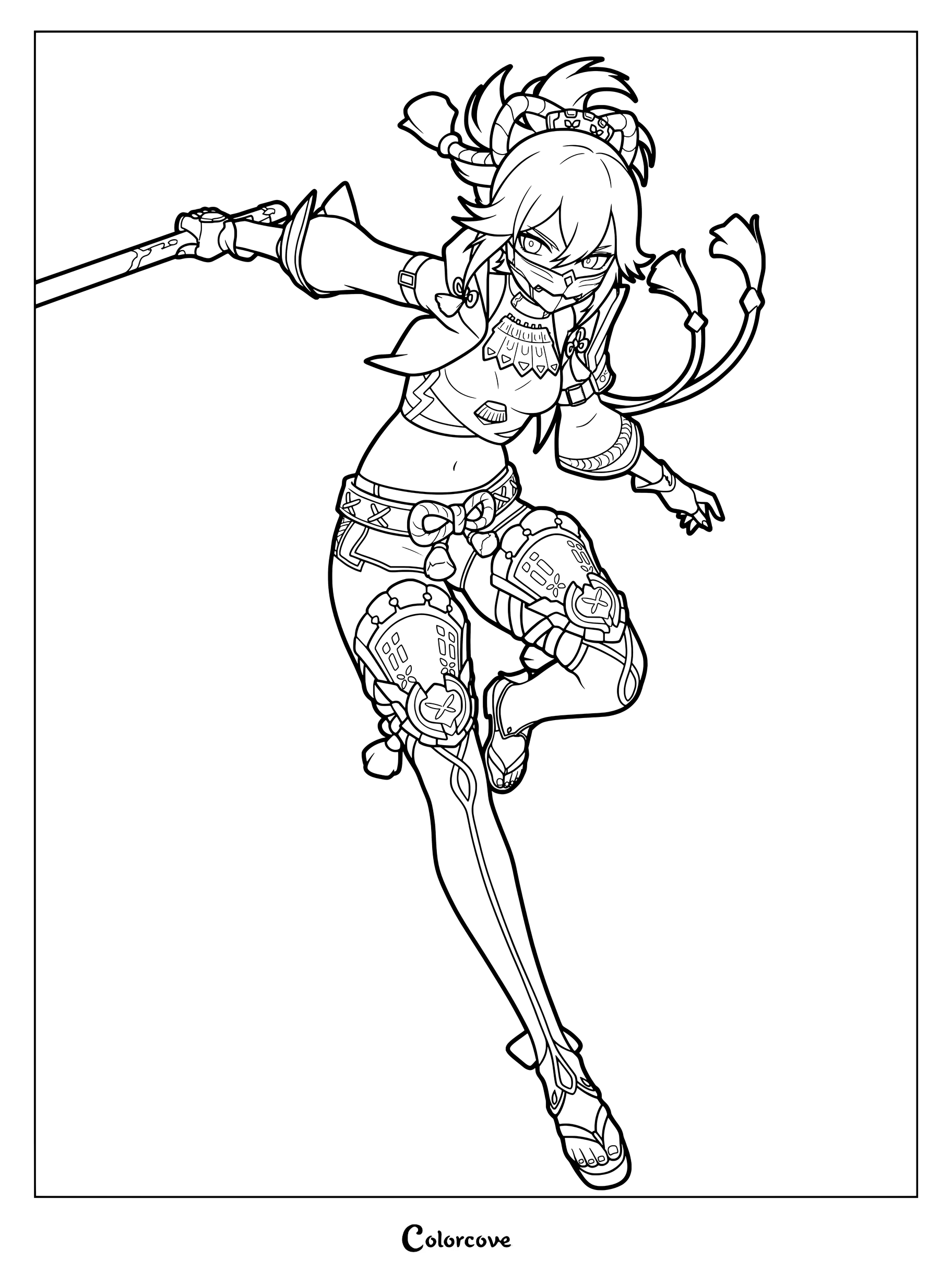 Kuki Shinobu wielding a sword in an action pose from Genshin Impact coloring page