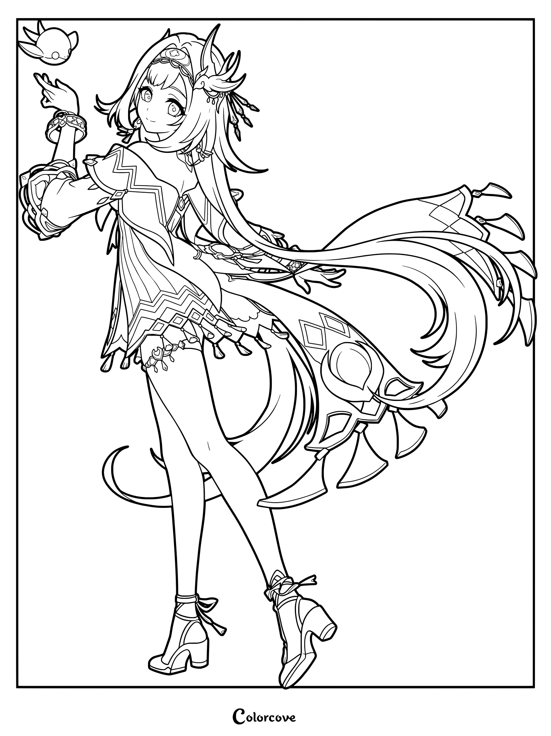 Lan Yan from Genshin Impact shown in a detailed coloring page line art.