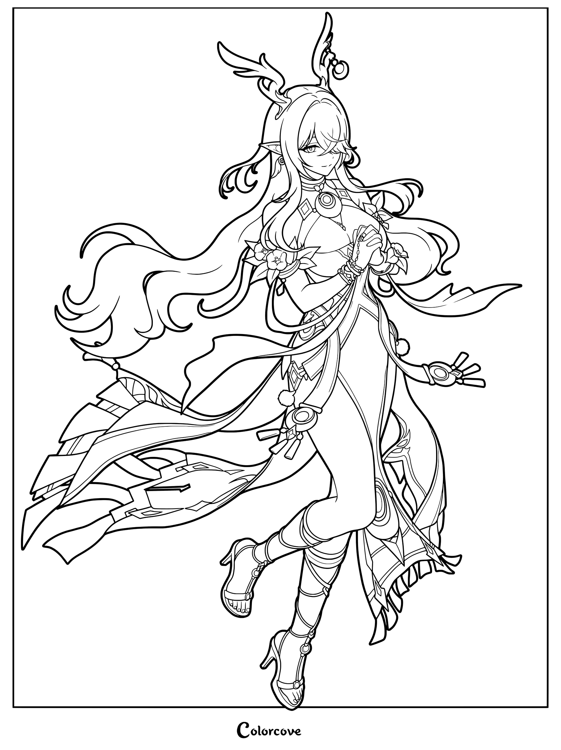Detailed printable coloring page of Lauma from Genshin Impact featuring flowing hair and ornate fantasy attire.
