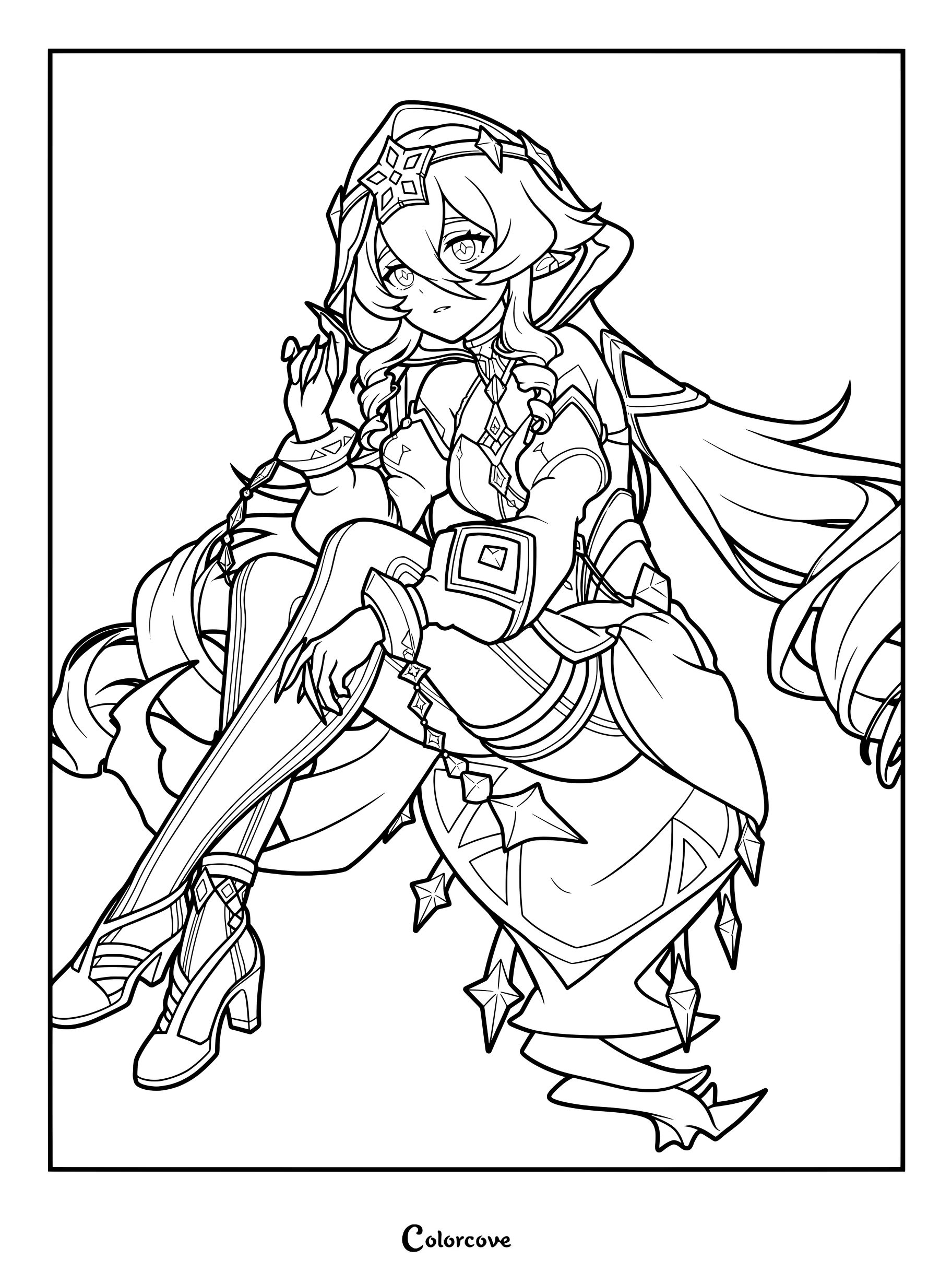 Layla sitting in her signature hooded outfit from Genshin Impact coloring page.