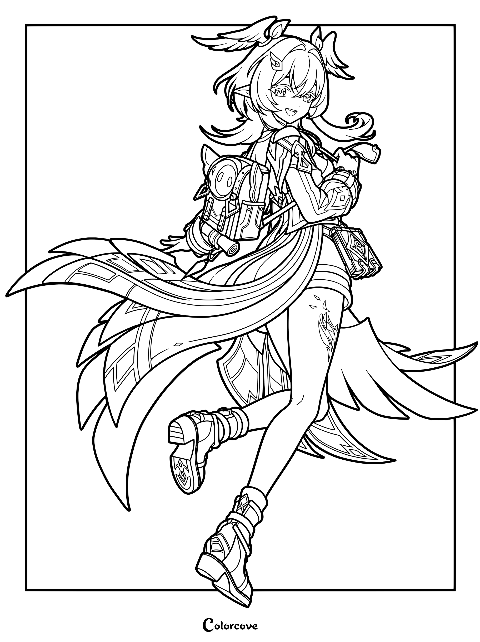 Linnea from Genshin Impact holding a bow in an action-ready coloring page.