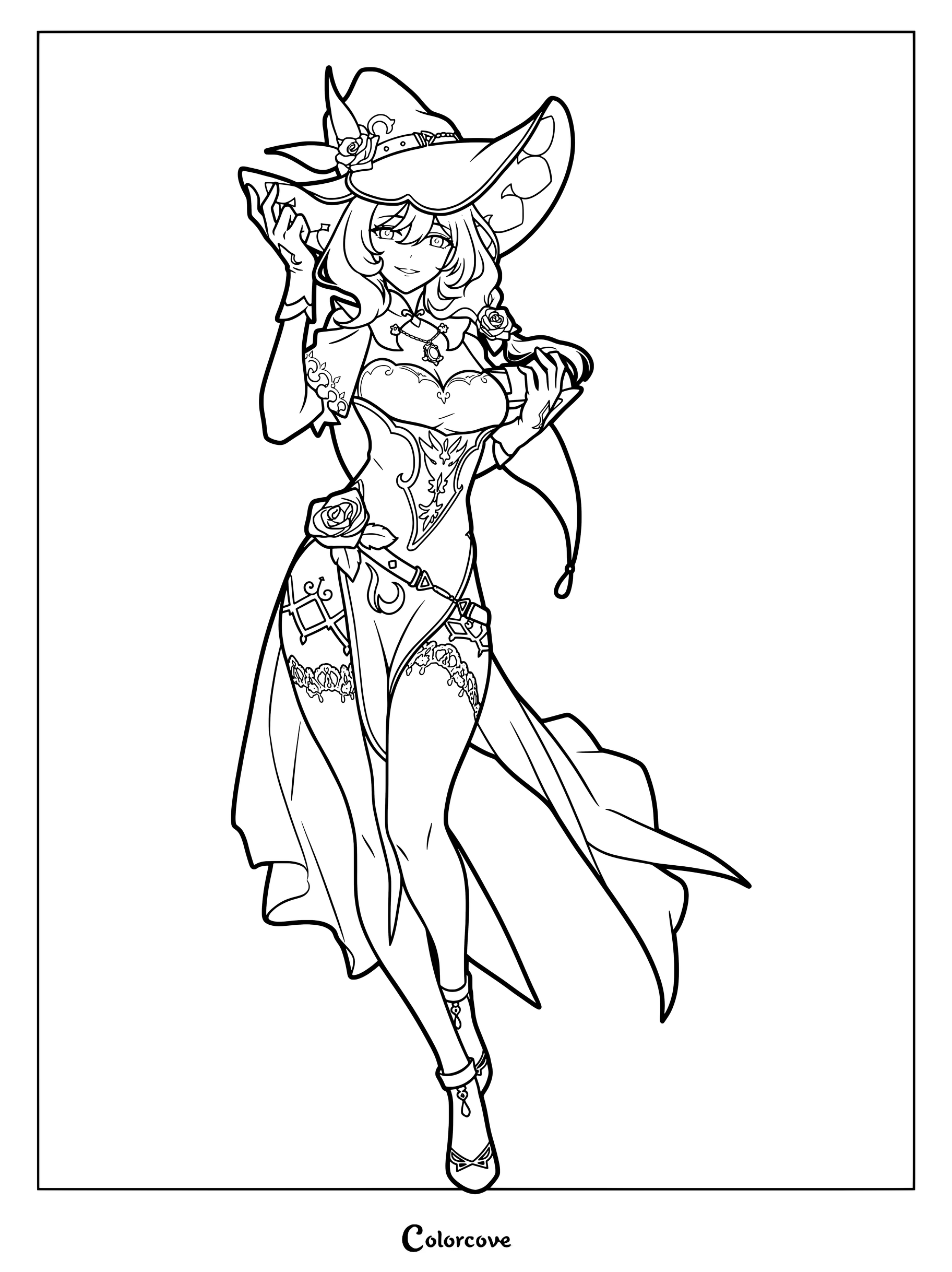 Lisa Minci coloring page from Genshin Impact featuring her signature witch hat and rose details.