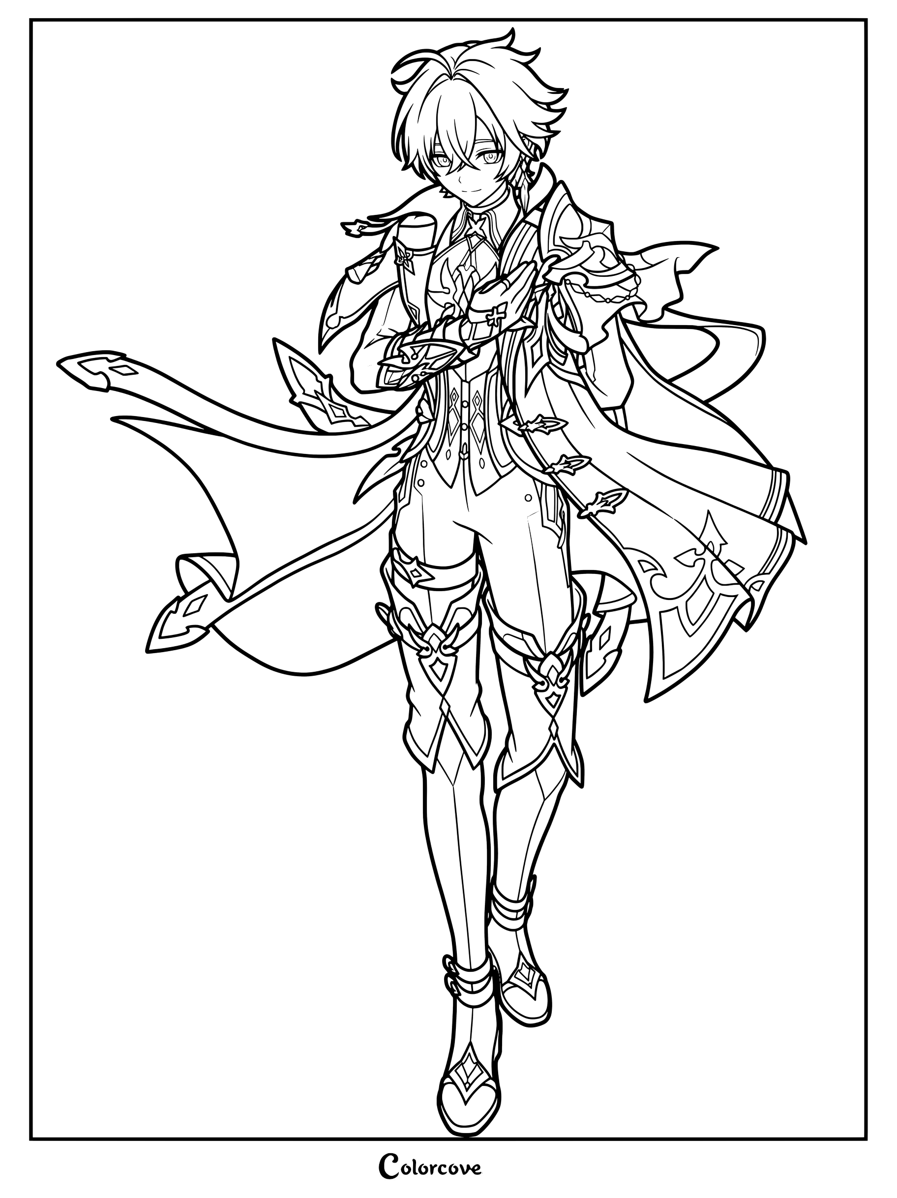 Lohen coloring page featuring the Cryo polearm user from Mondstadt in Genshin Impact.