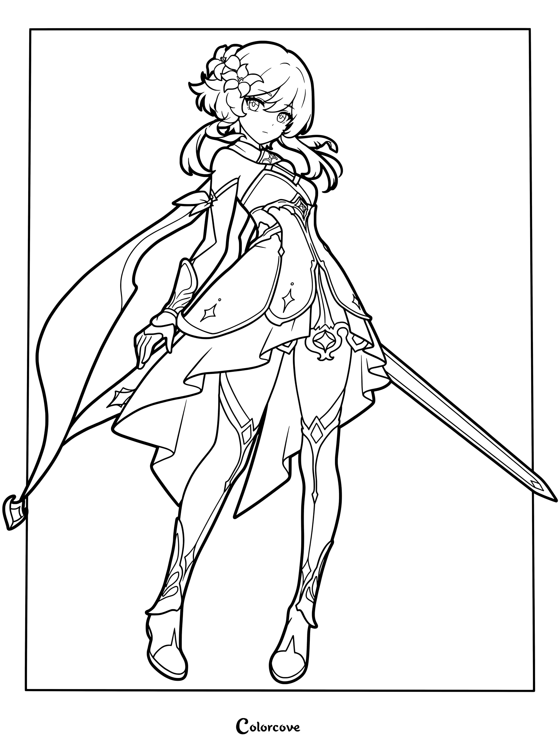 Lumine holding a sword in a dynamic pose ready for battle in Genshin Impact coloring page