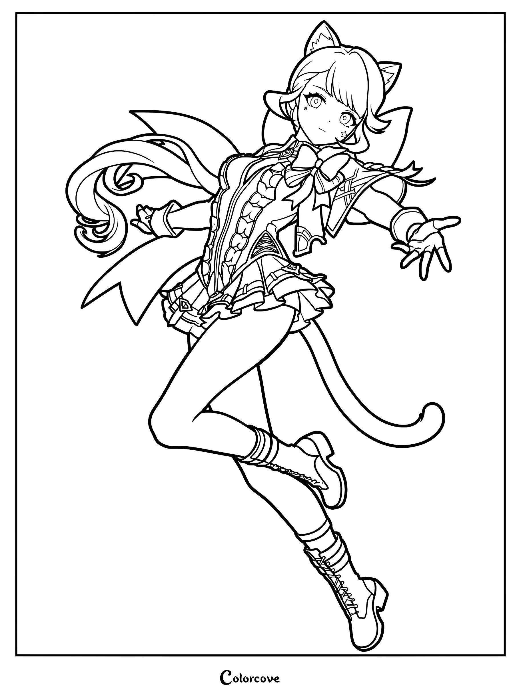 Lynette Snezhevna coloring page featuring the Genshin Impact character in a dynamic pose.