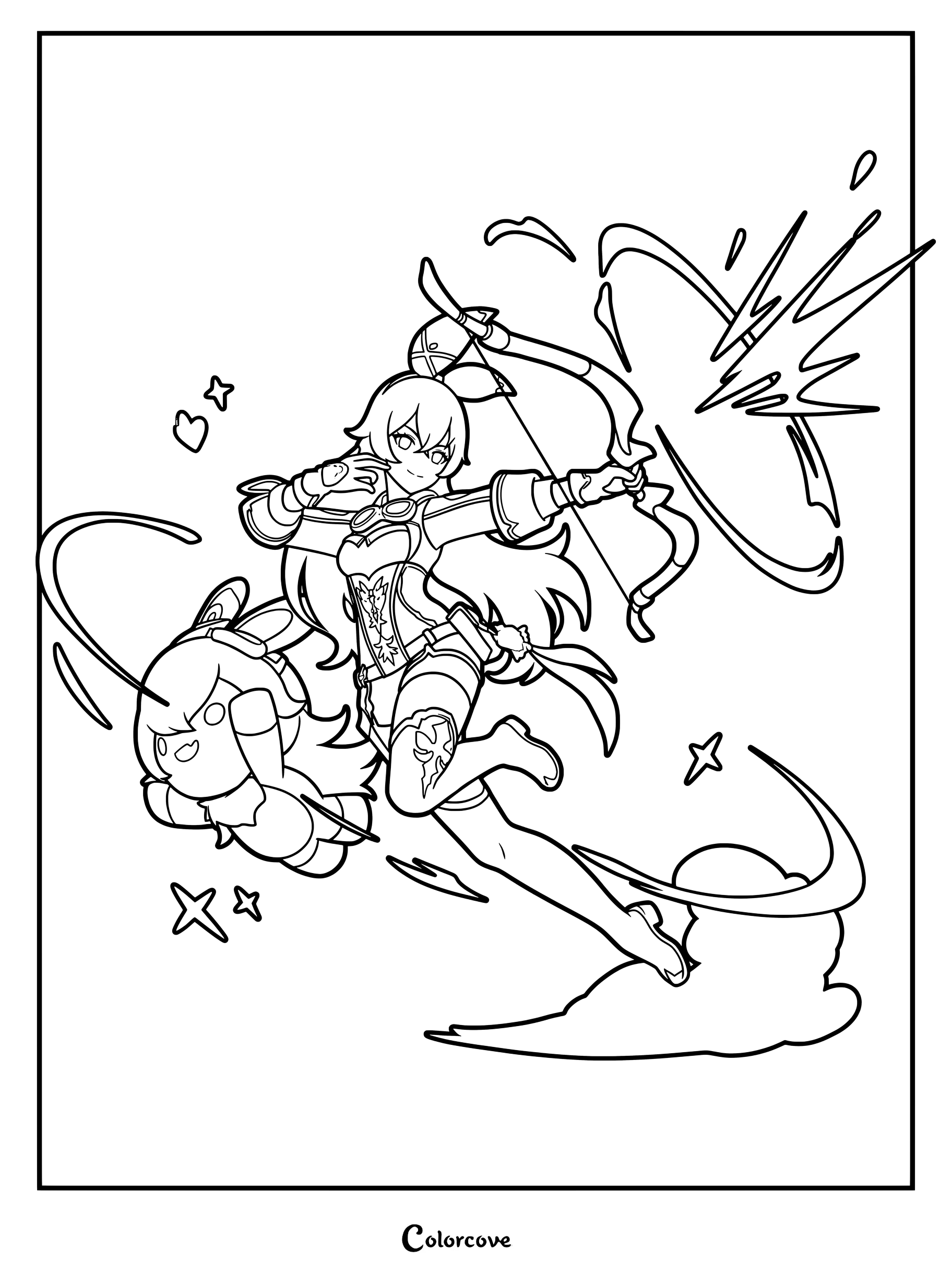 Amber aiming her bow alongside Baron Bunny in a Genshin Impact coloring page.