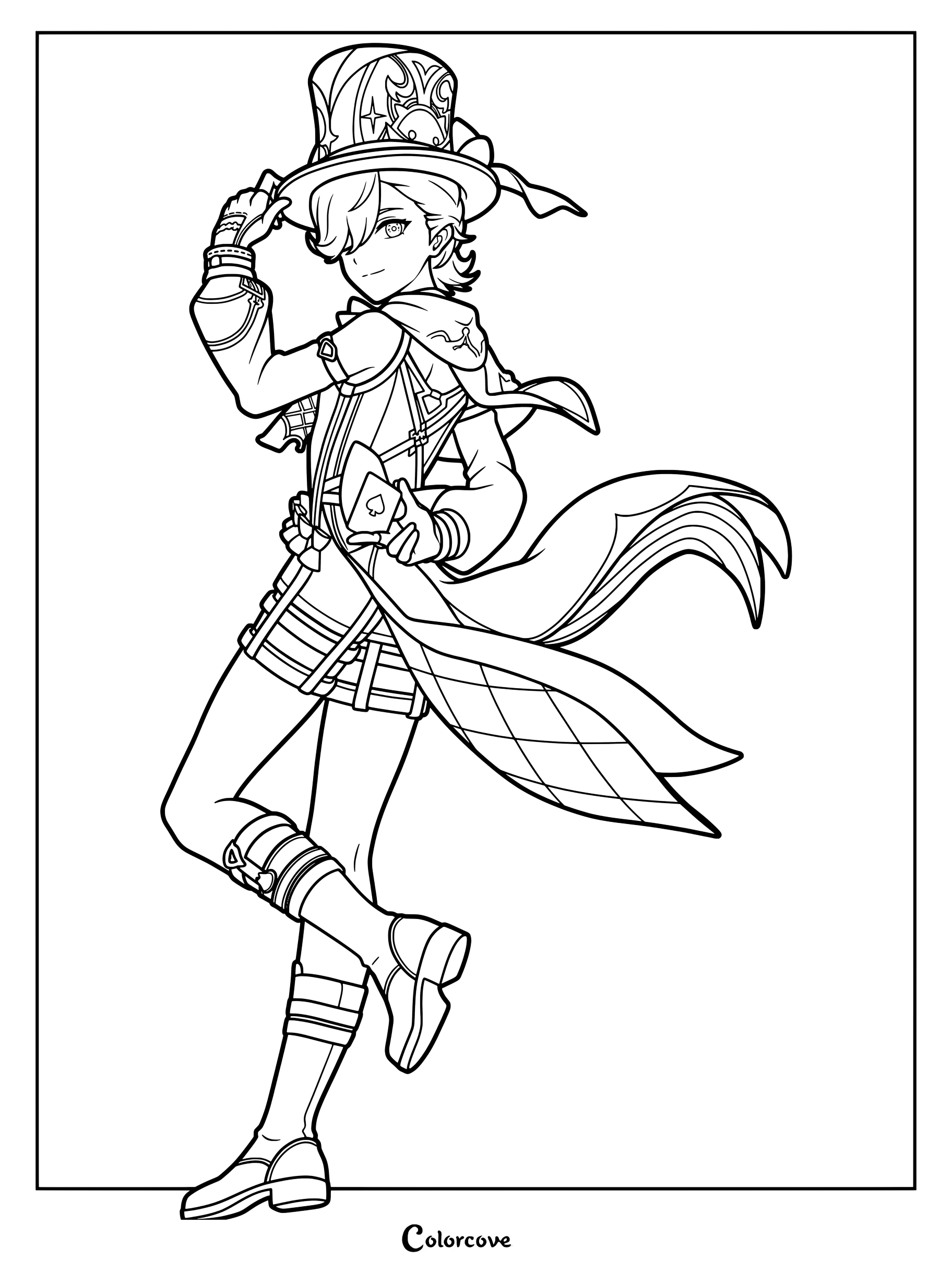 Lyney Snezhevich holding a playing card in a Genshin Impact coloring page.