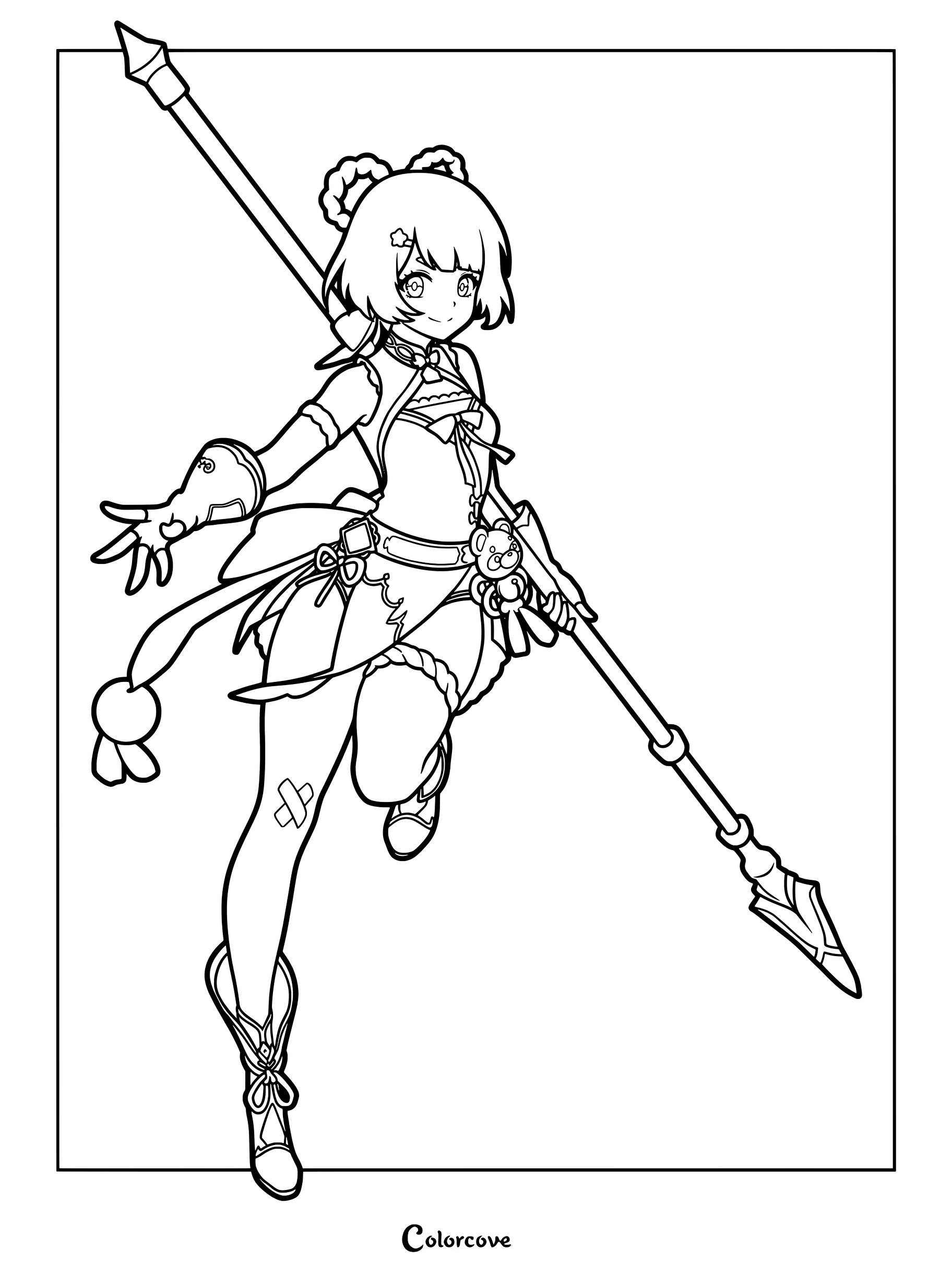 Xiangling holding a polearm in a dynamic pose for a Genshin Impact coloring page.