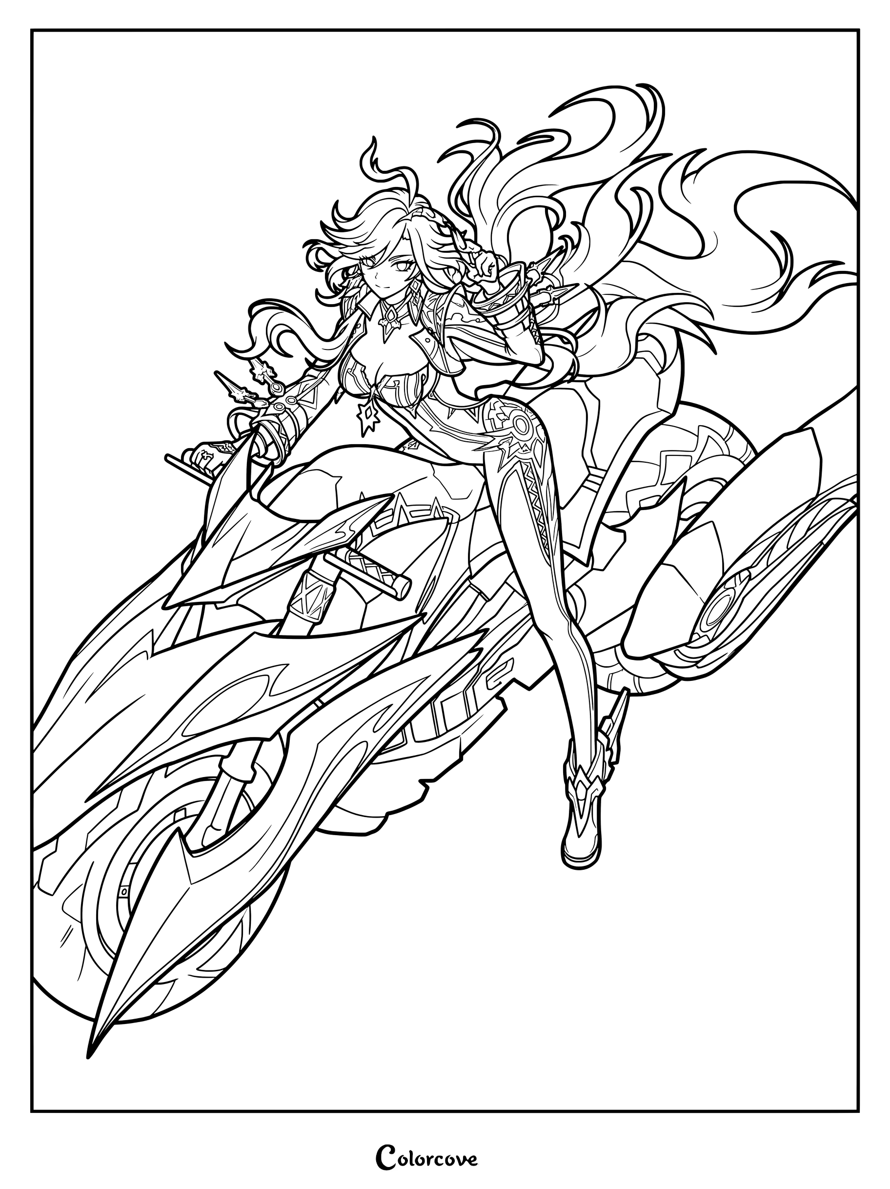 Mavuika coloring page featuring the Pyro character riding her signature motorcycle from Genshin Impact.