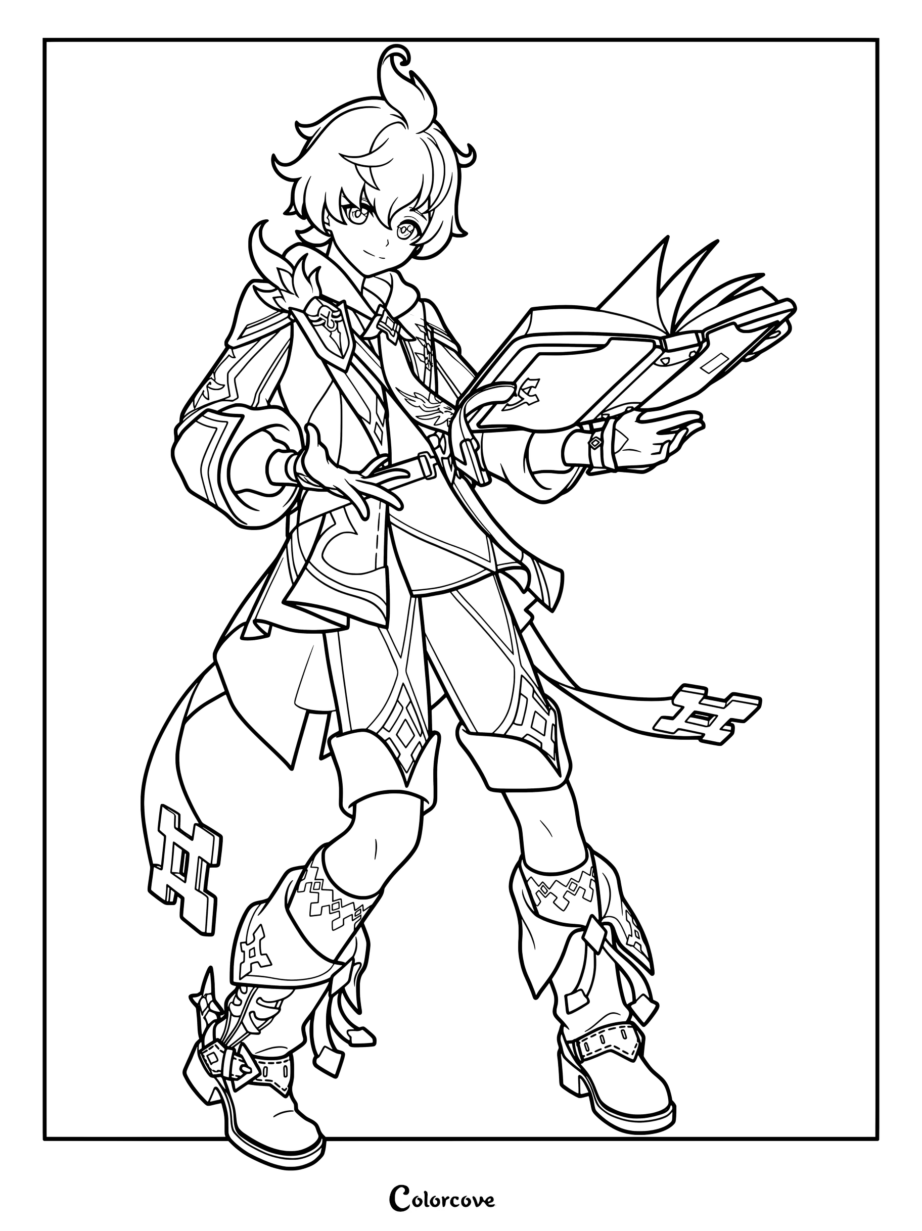 Mika Schmidt holding an open book from Genshin Impact coloring page.