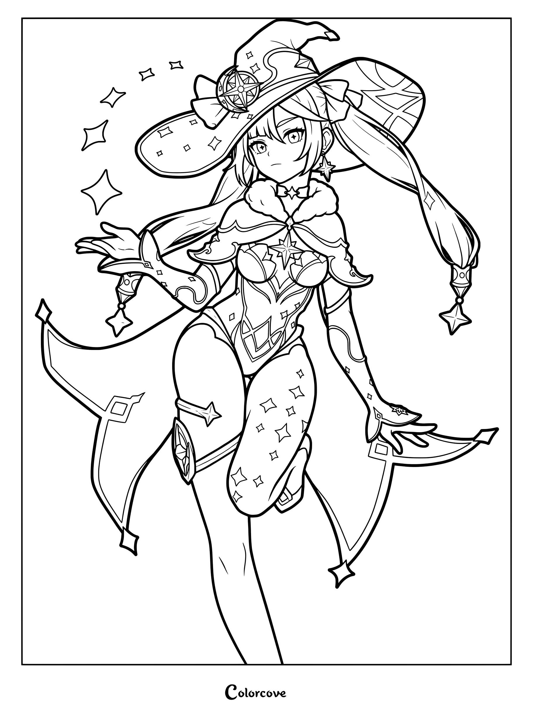 Mona Megistus coloring page from Genshin Impact featuring her astrological witch outfit and floating stars.
