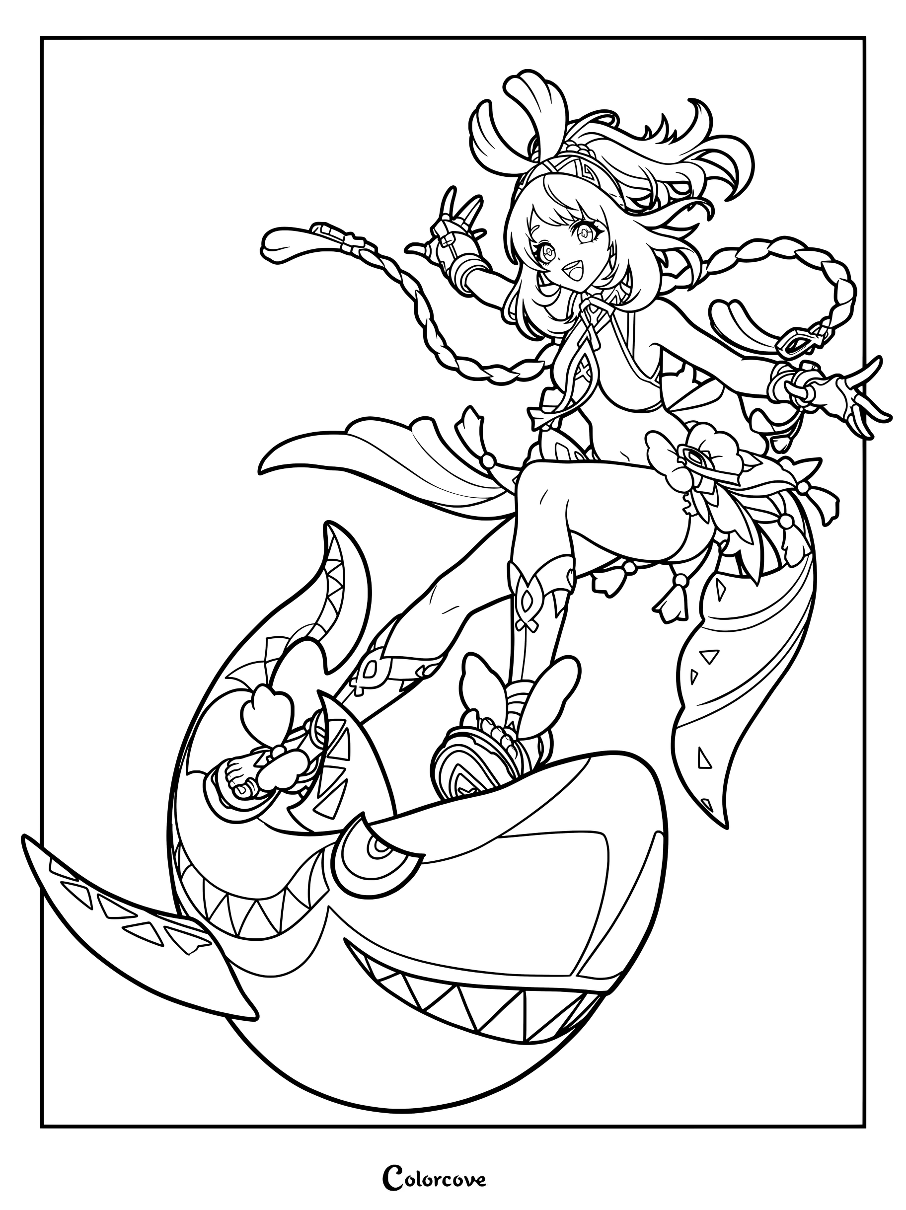 Mualani riding a shark float in a dynamic pose, featured in a Genshin Impact coloring page.