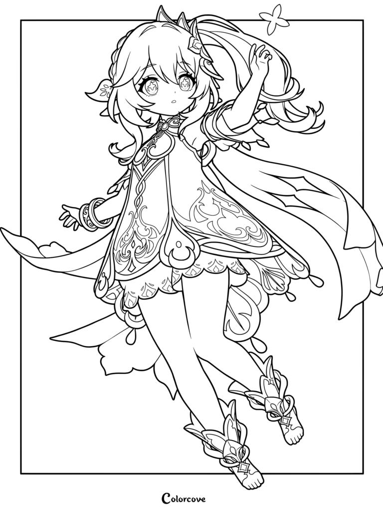Nahida from Genshin Impact floating gracefully with a small butterfly in this printable coloring page.