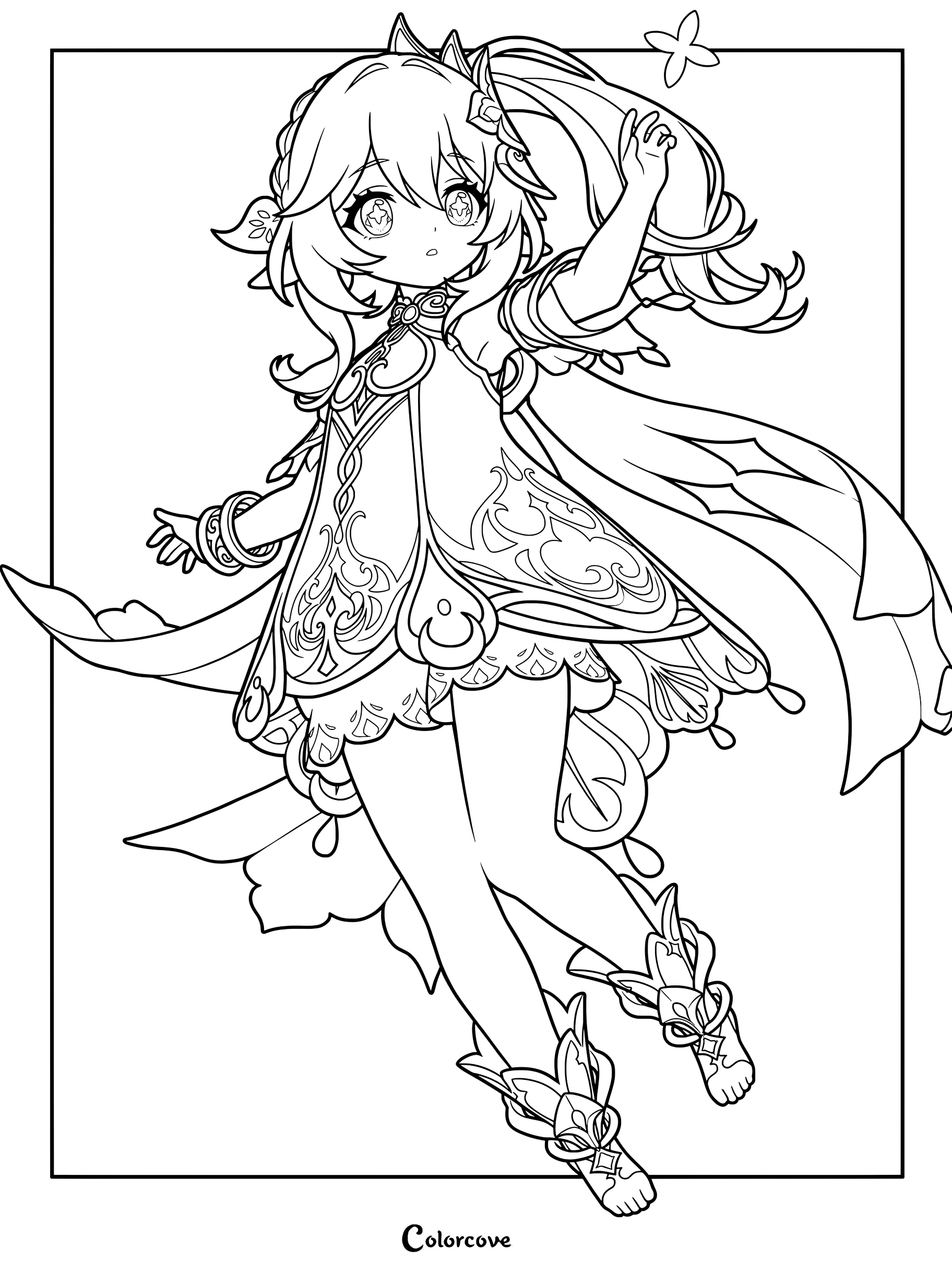 Nahida from Genshin Impact floating gracefully with a small butterfly in this printable coloring page.