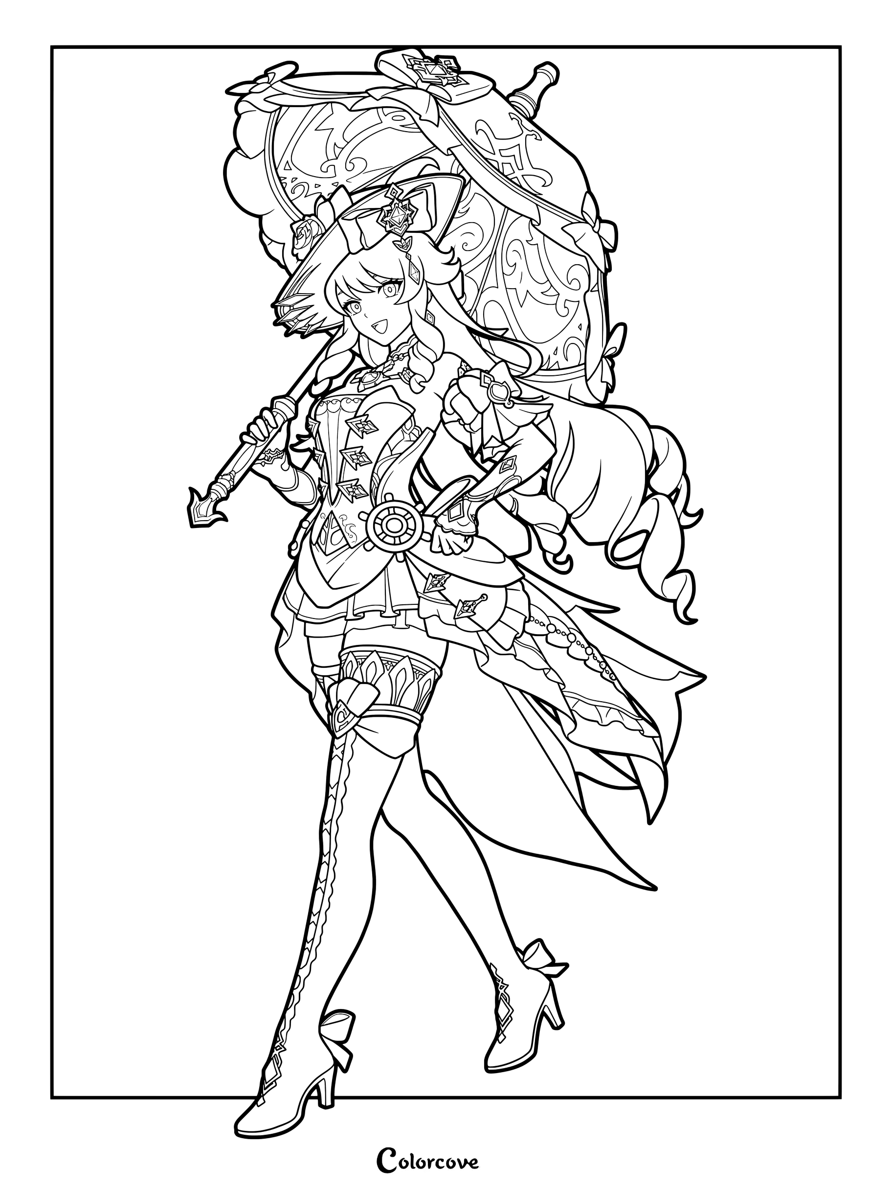 Navia holding an ornate parasol in a Genshin Impact coloring page.