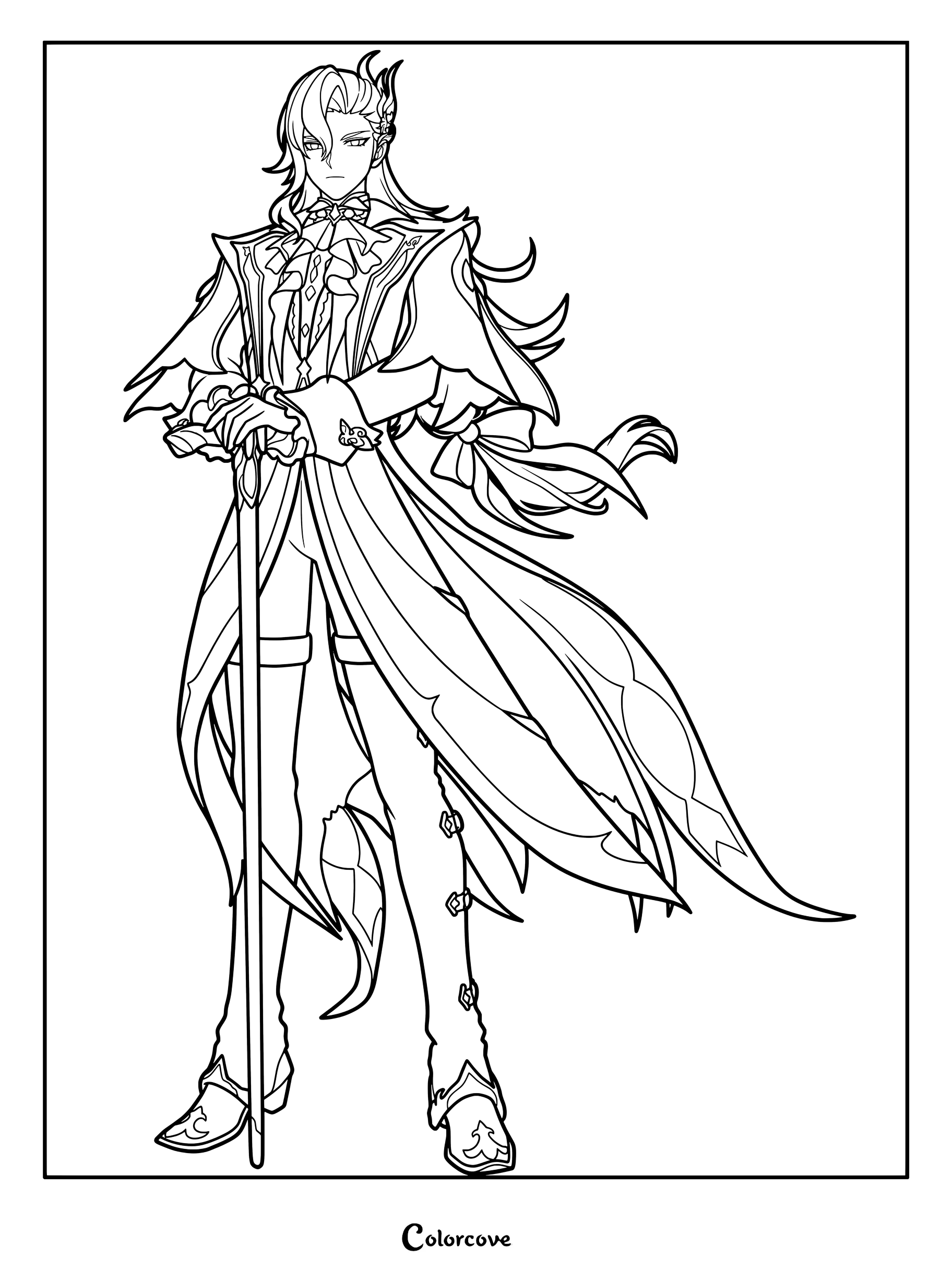Neuvillette coloring page featuring the Hydro character from Genshin Impact holding his cane.